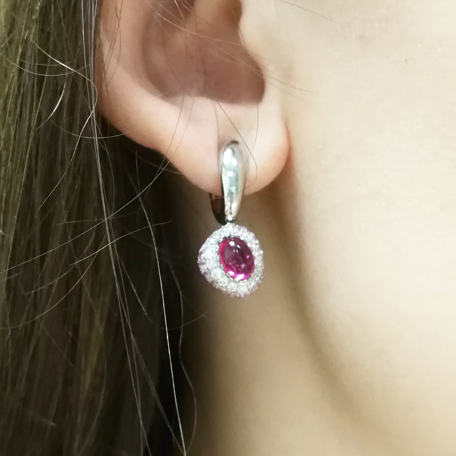 Rubellite, Diamonds, Ruby, Pink Sapphires 18K White Gold Earrings, E 0072-0