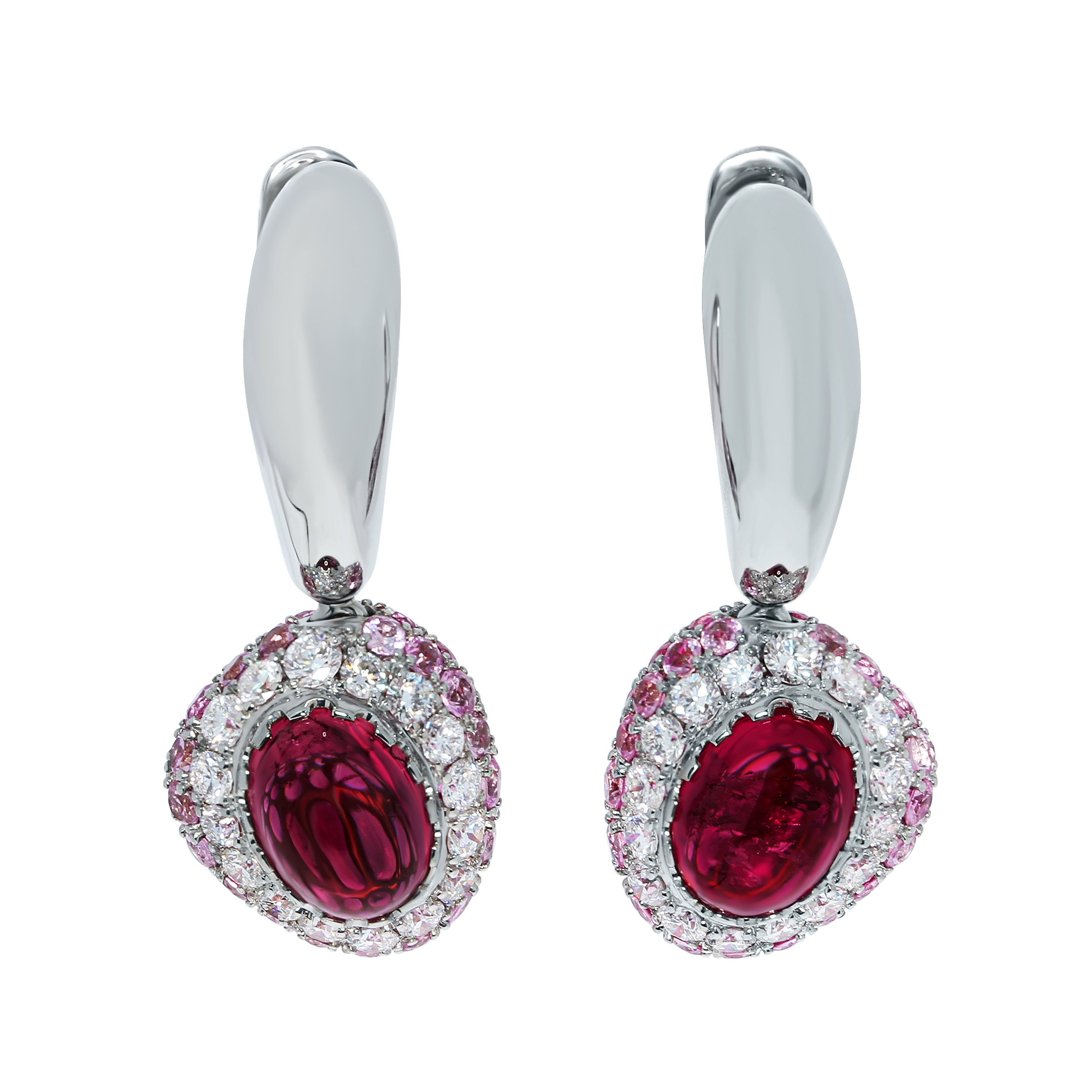 E 0072-0, 18K White Gold, Rubbelite, Diamonds, Ruby, Pink Sapphires Earrings