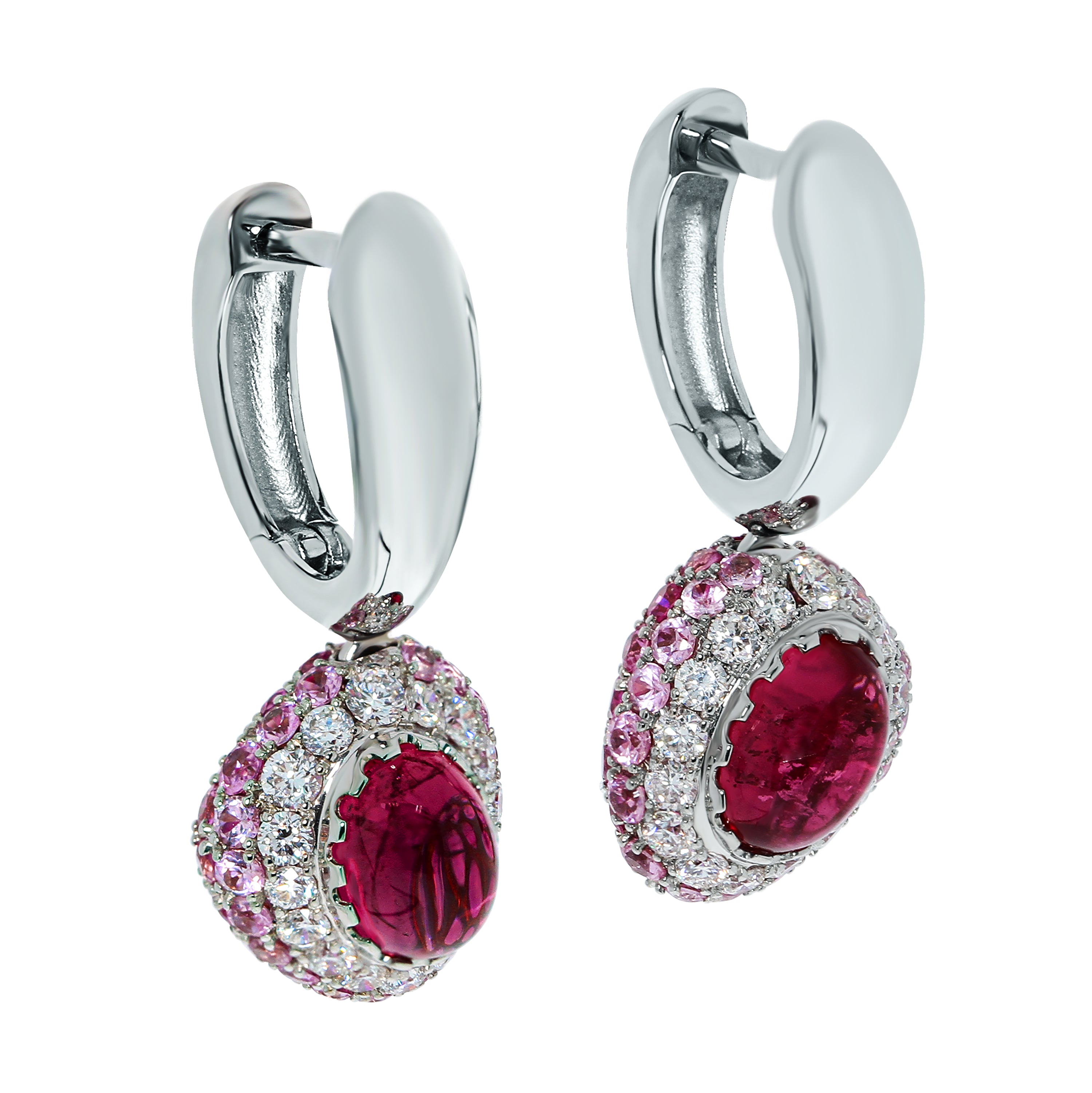 Rubellite, Diamonds, Ruby, Pink Sapphires 18K White Gold Earrings, E 0072-0