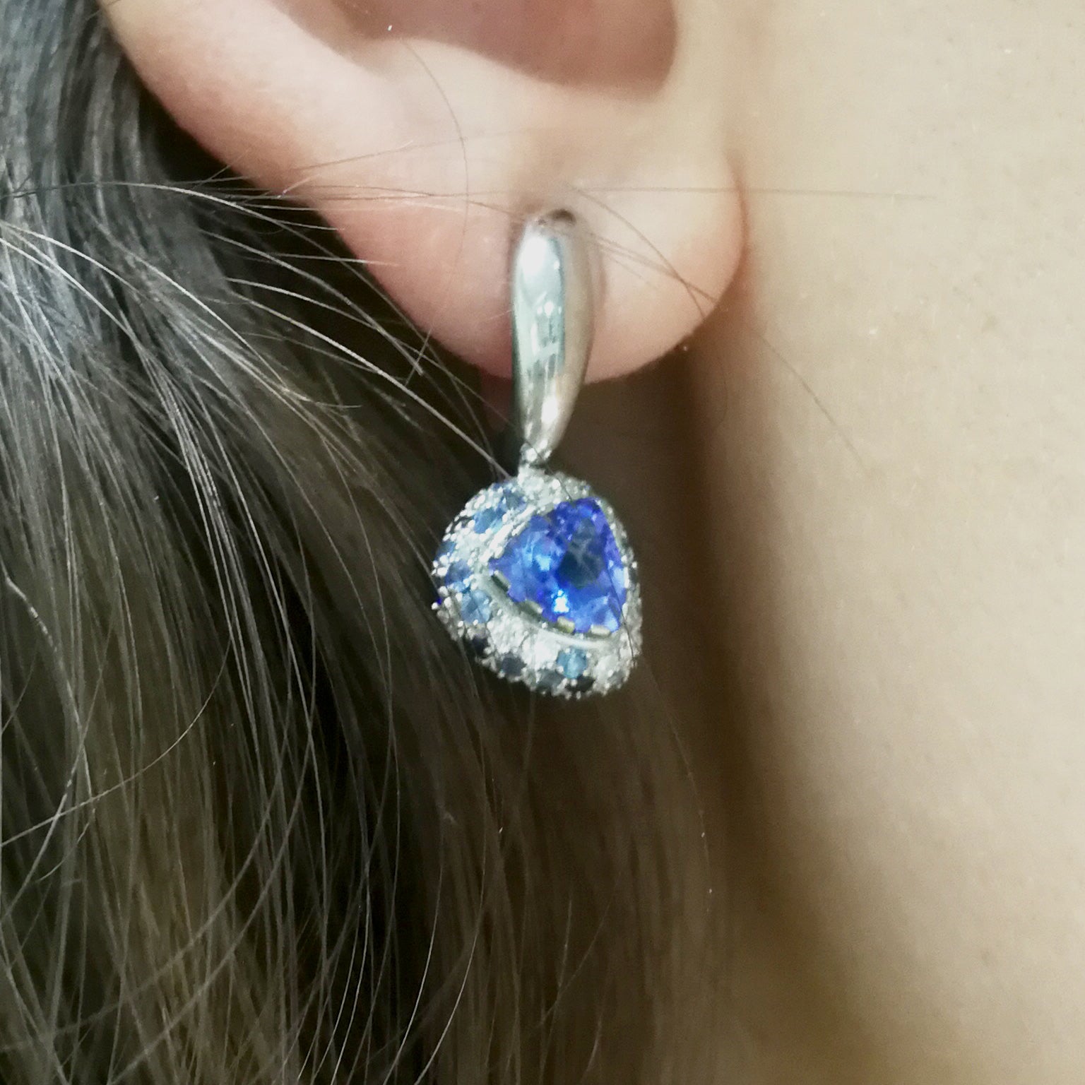 Tanzanite, Diamonds, Sapphires 18K White Gold Earrings, E 0073-0