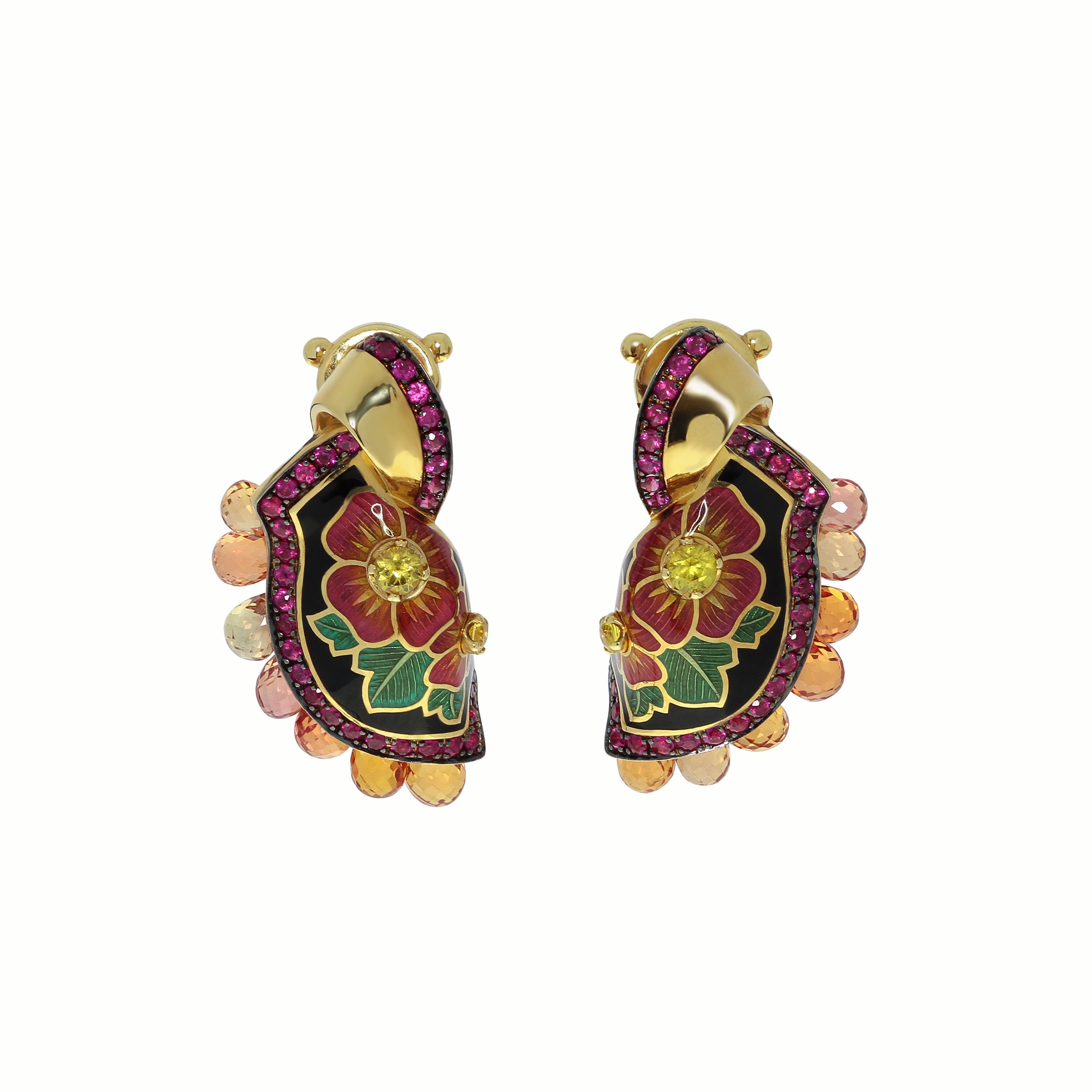 E 0097-0, 18K Yellow Gold, Enamel, Ruby, Yellow and Orange Sapphire Earring