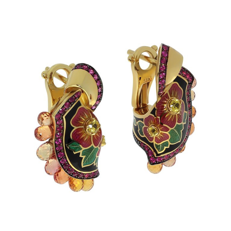 E 0097-0, 18K Yellow Gold, Enamel, Ruby, Yellow and Orange Sapphire Earring