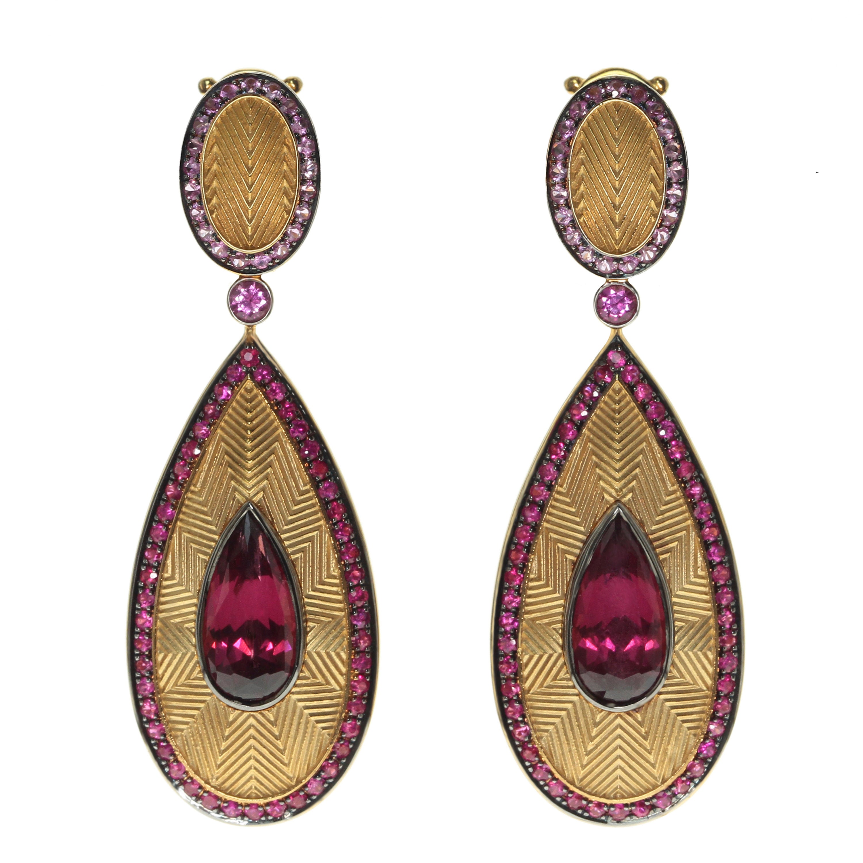 E 0105-1 18K Yellow Gold, Rhodolite Garnet, Ruby, Pink Sapphire Earrings
