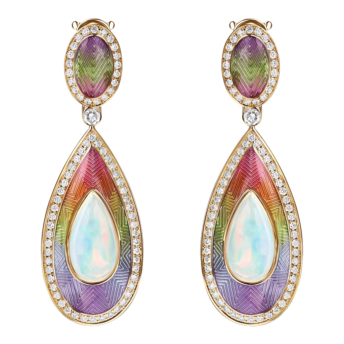 Opal, Enamel, Diamonds 18K Yellow Gold Earrings, E 0105-2