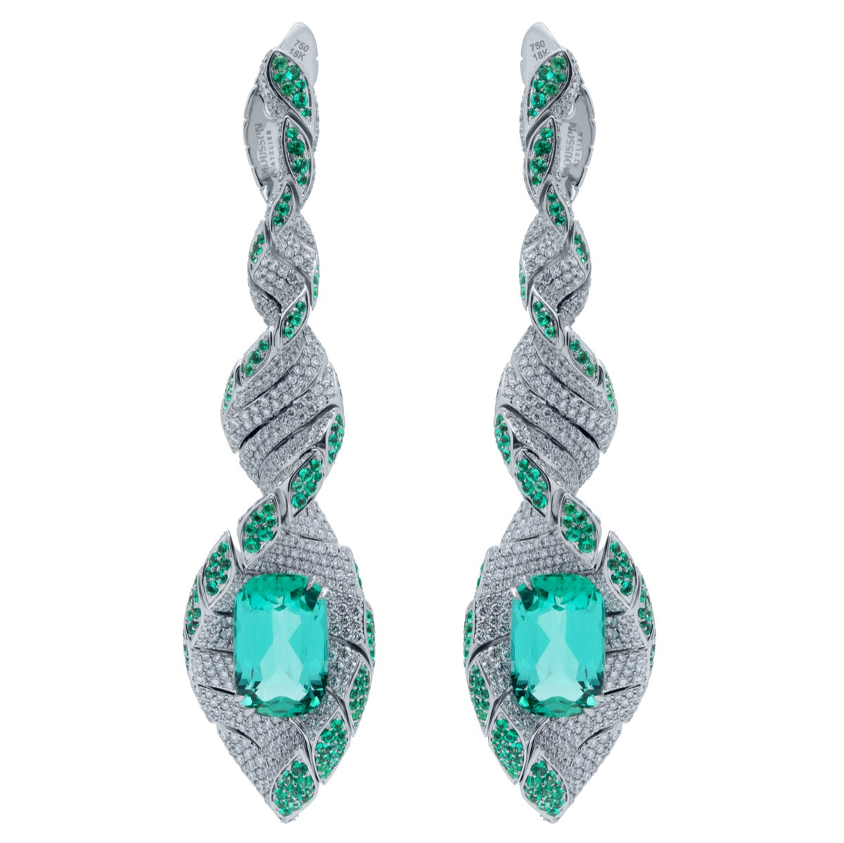 Lagoon Tourmaline, Emeralds, Diamonds 18K White Gold Earrings E 0121-1