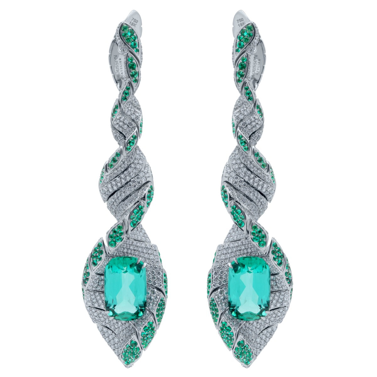 E 0121-1 18K White Gold, Lagoon Tourmaline, Emeralds, Diamonds Earrings