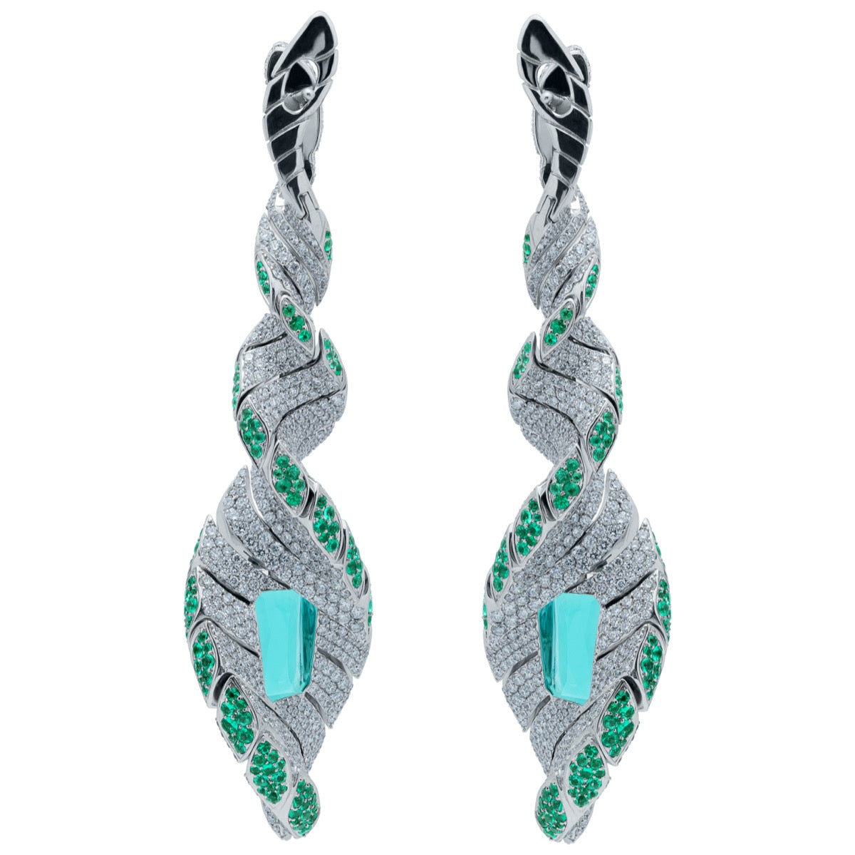 E 0121-1 18K White Gold, Lagoon Tourmaline, Emeralds, Diamonds Earrings