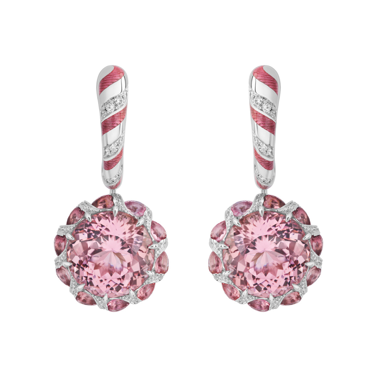 Pink Tourmaline, Diamonds, Enamel, 18K White Gold Earrings, E 0122-1