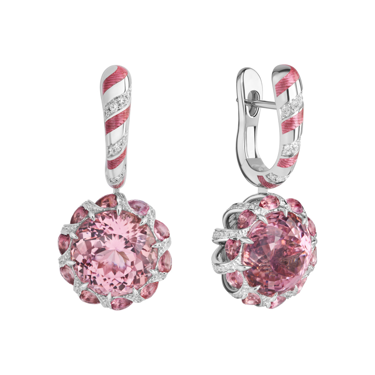 Pink Tourmaline, Diamonds, Enamel, 18K White Gold Earrings, E 0122-1