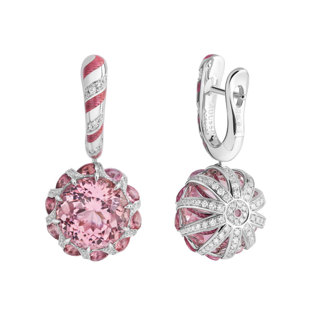 Pink Tourmaline, Diamonds, Enamel, 18K White Gold Earrings, E 0122-1