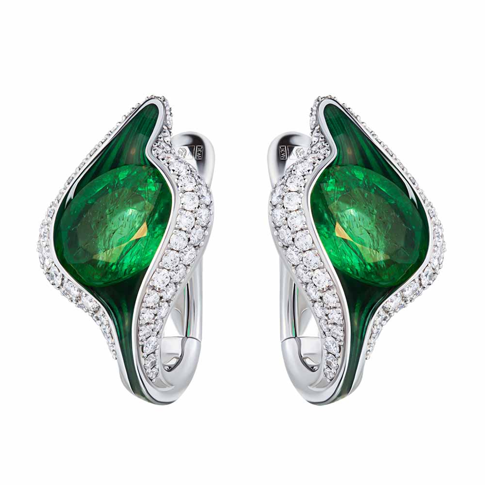 E 0123-0, 18K White Gold, Enamel, Emerald, Diamonds Earrings