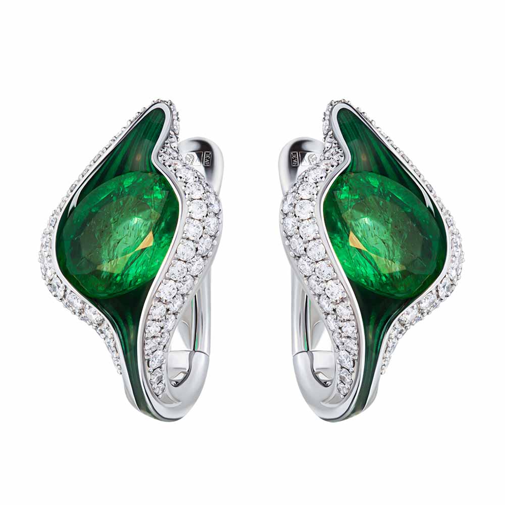 Enamel, Emerald, Diamonds Earrings 18K White Gold, E 0123-0
