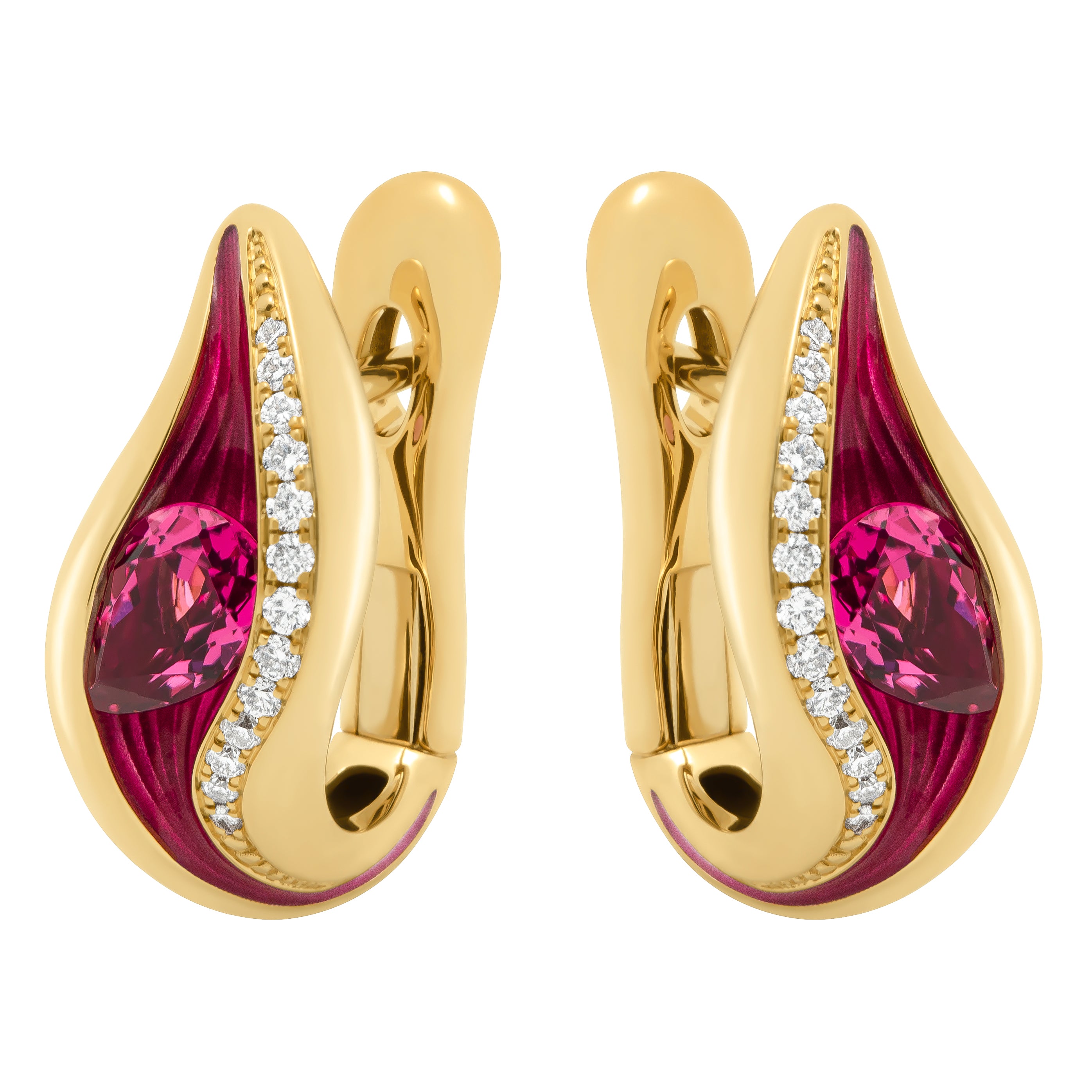 Enamel, Rubellite, Diamonds 18K Yellow Gold Earrings, E 0123-70