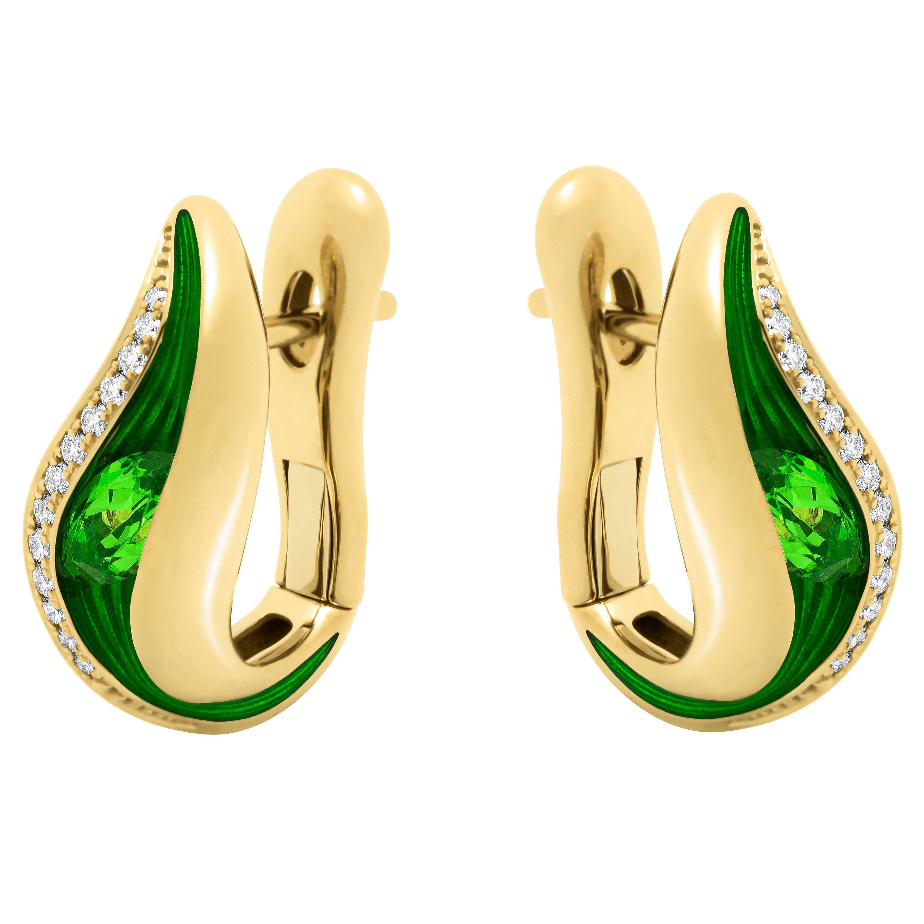 Enamel, Tsavorite Garnet, Diamonds 18K Yellow Gold Earrings, E 0123-80