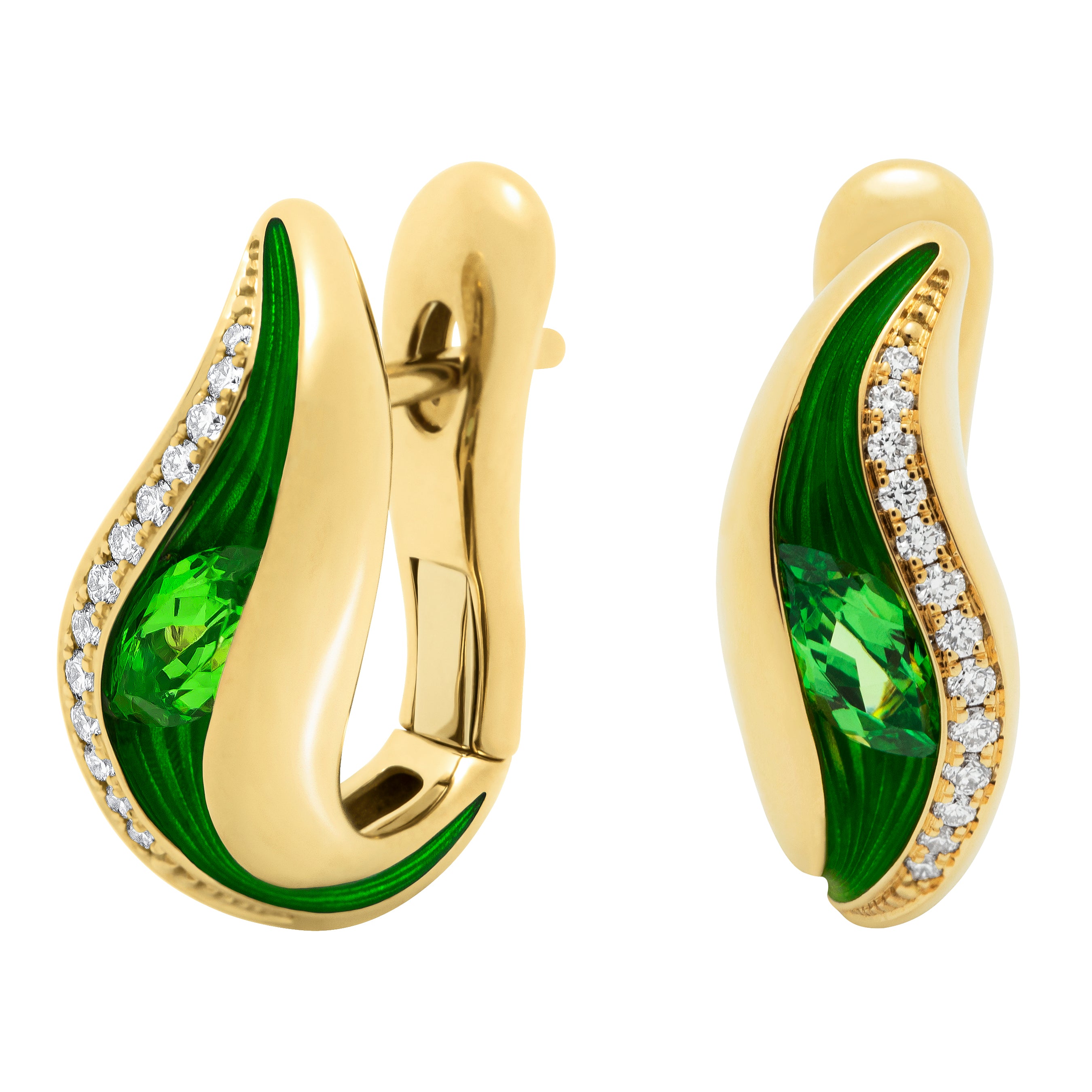 Enamel, Tsavorite Garnet, Diamonds 18K Yellow Gold Earrings, E 0123-80