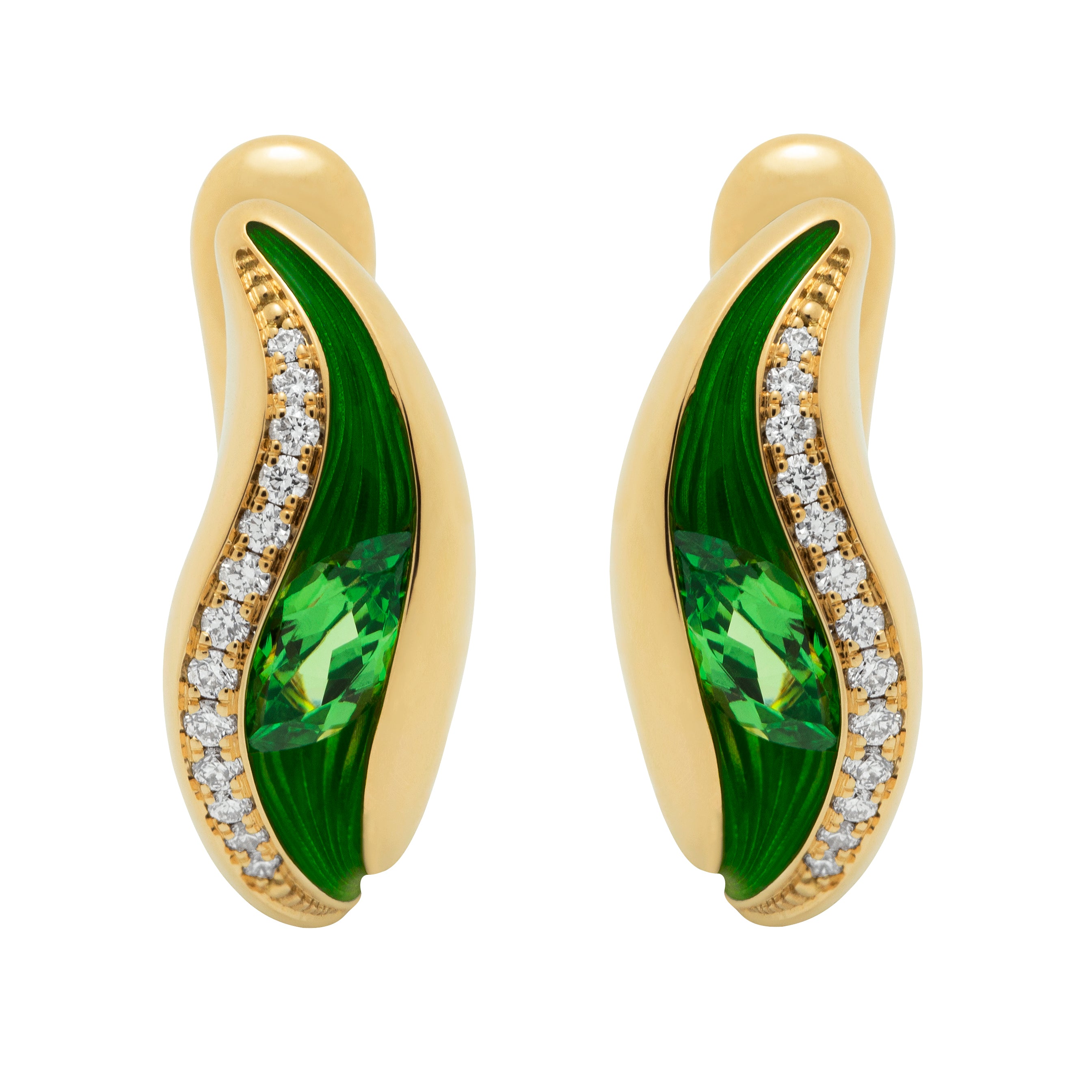 Enamel, Tsavorite Garnet, Diamonds 18K Yellow Gold Earrings, E 0123-80
