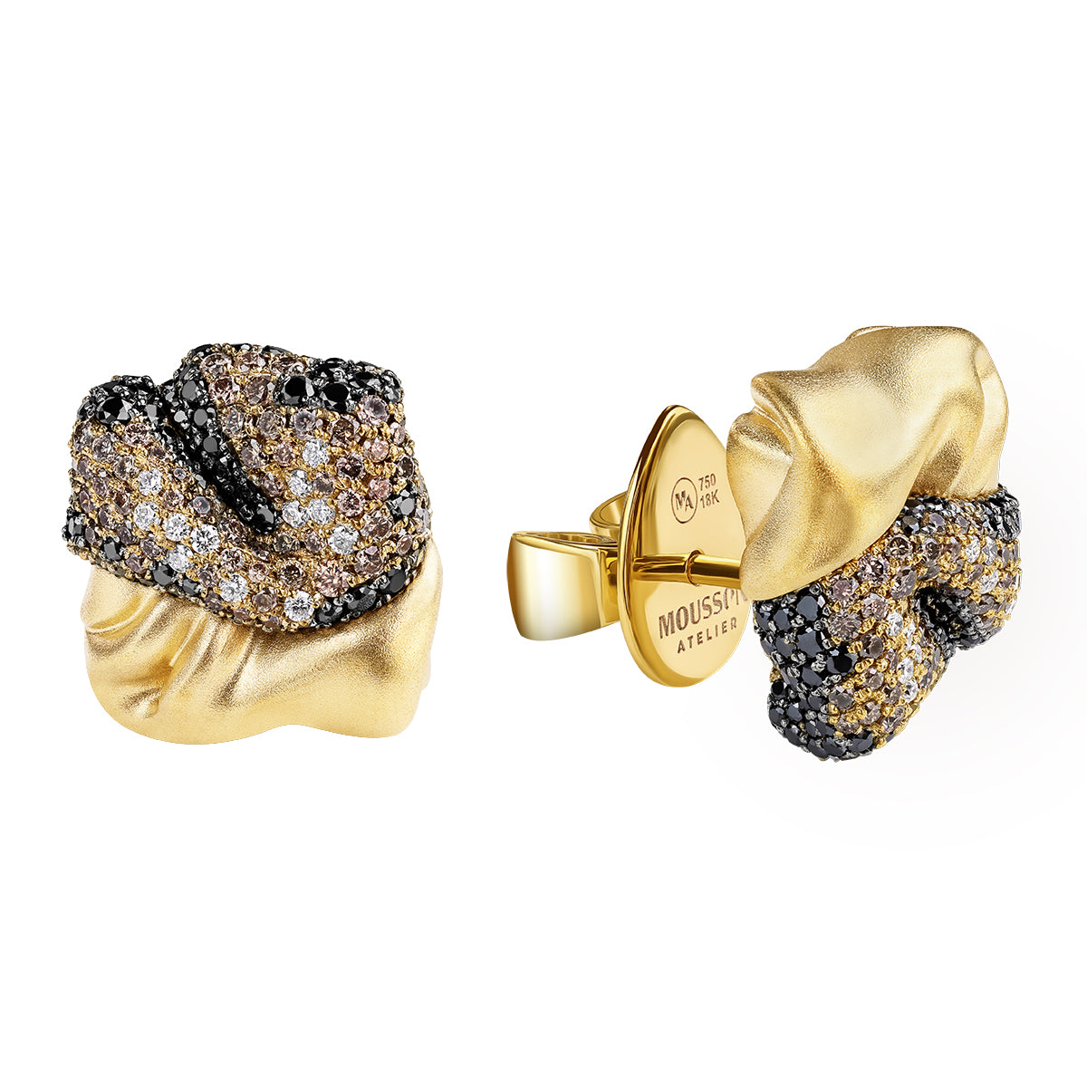 White, Black and Champagne Diamonds 18K Yellow Gold Stud Earrings, E 0132-4