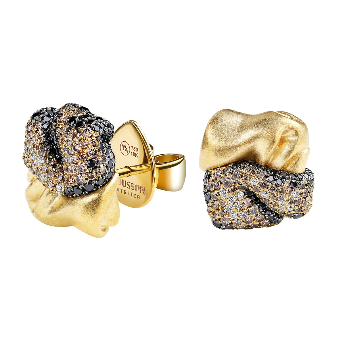 White, Black and Champagne Diamonds 18K Yellow Gold Stud Earrings, E 0132-4