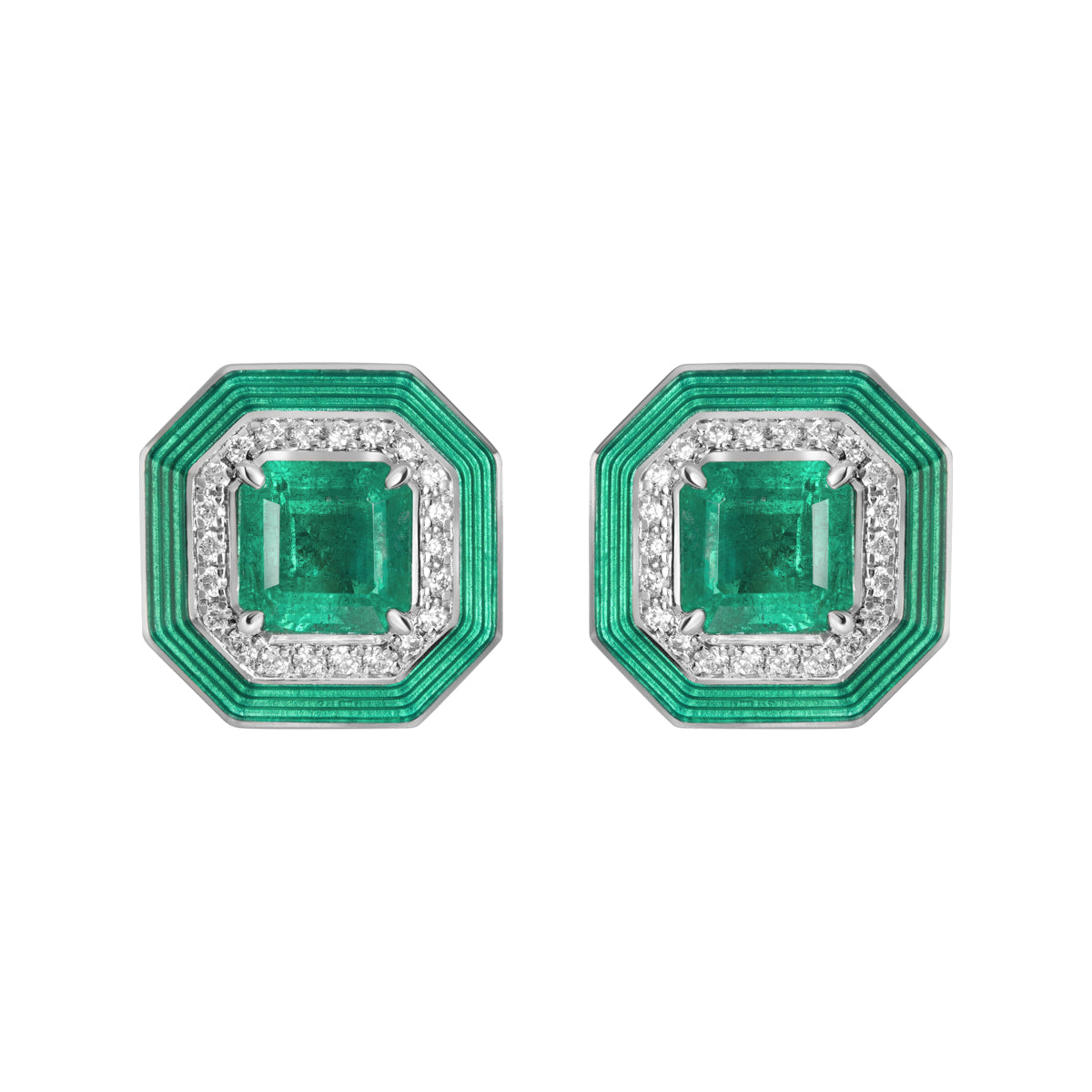 Emerald, Diamonds Enamel 18K White Gold Stud Earrings, E 0143-140