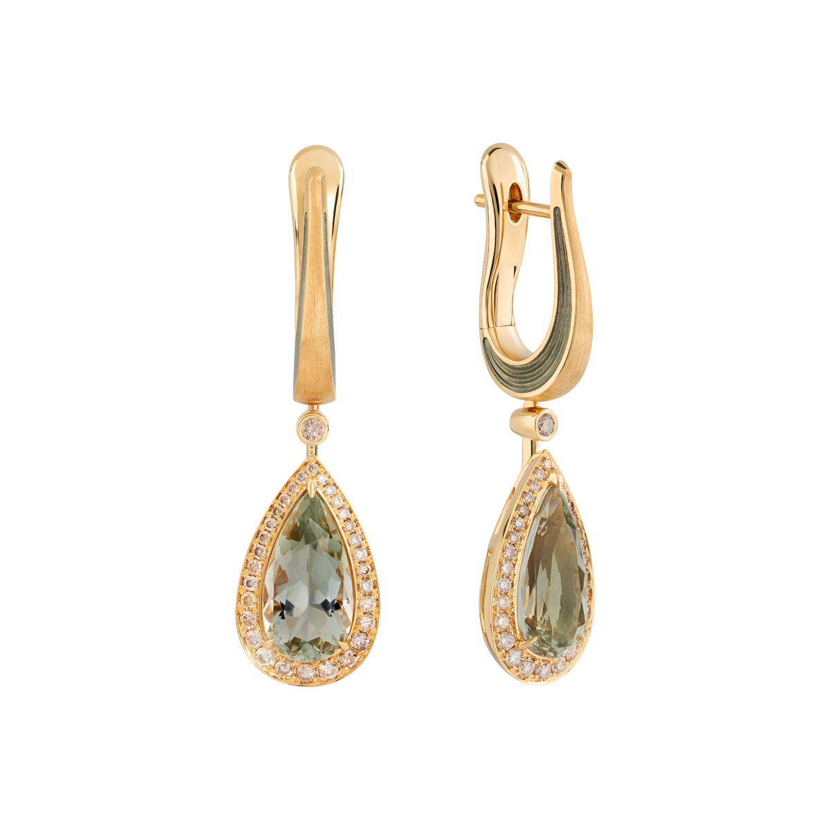 Green Amethyst, Champagne Diamonds, Enamel 18K Yellow Gold Earrings, E 0143-21