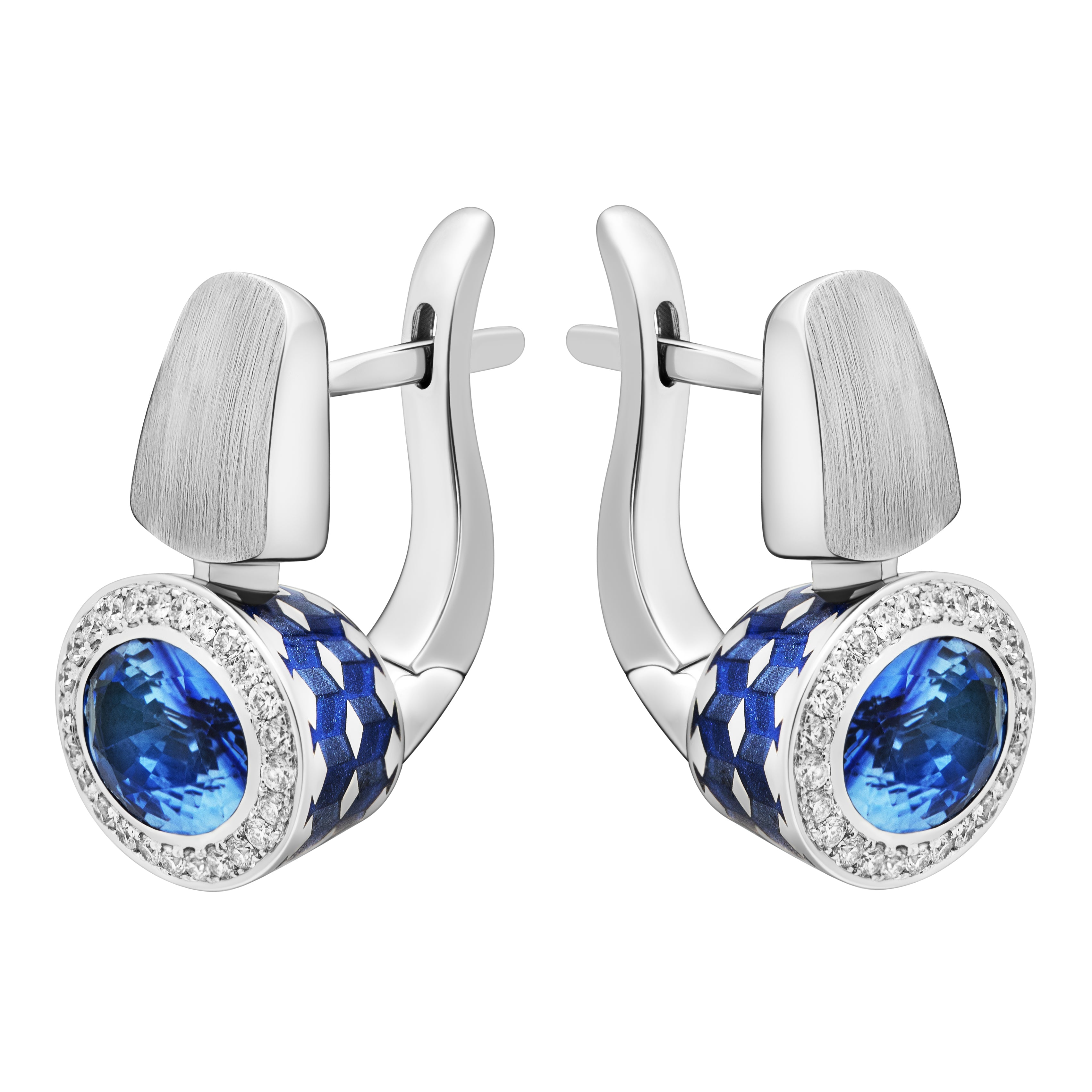 Enamel, Sapphire, Diamonds 18K White Gold Earrings, E 0177-70