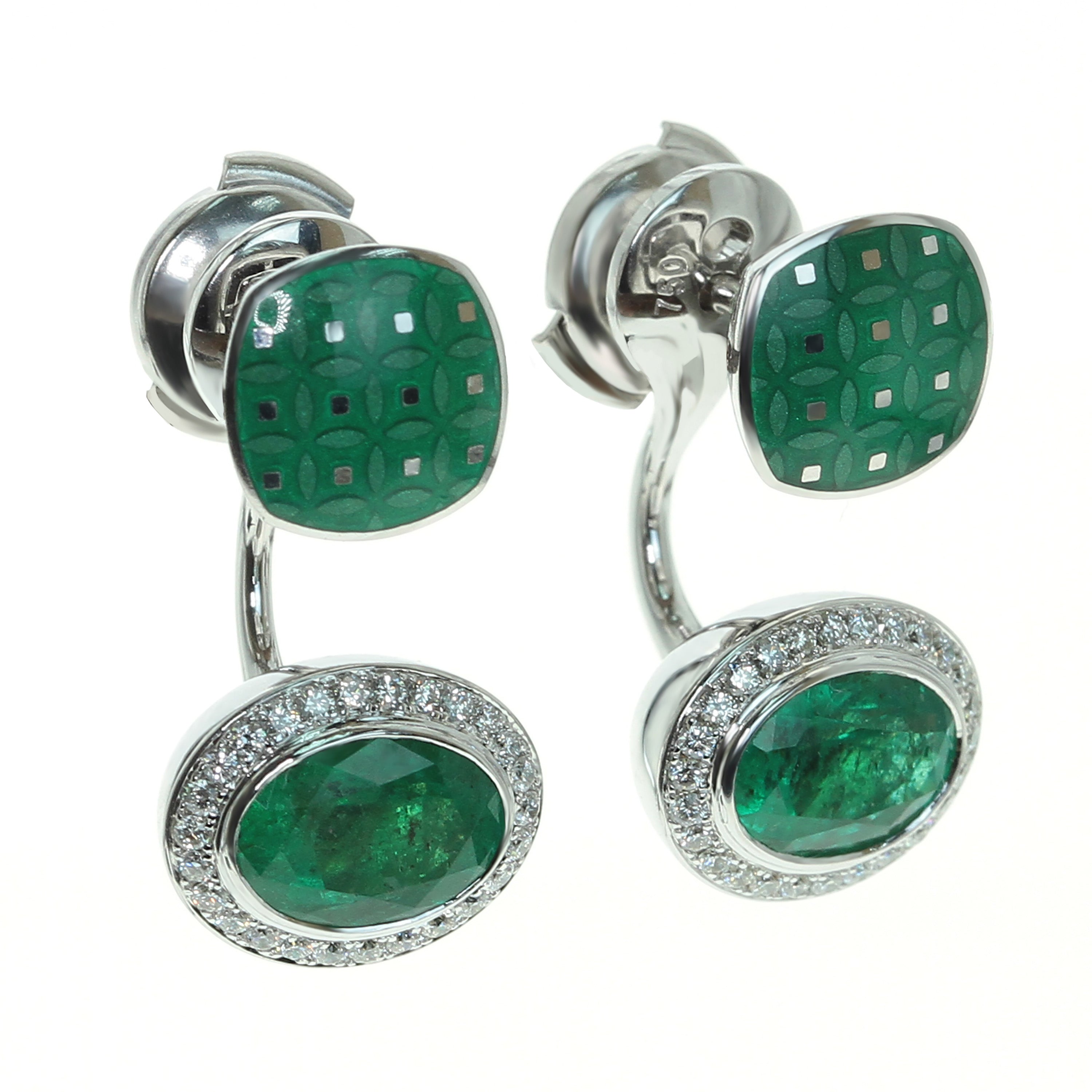 Enamel, Emeralds, Diamonds 18K White Gold Jacket Earrings, E 0177-92