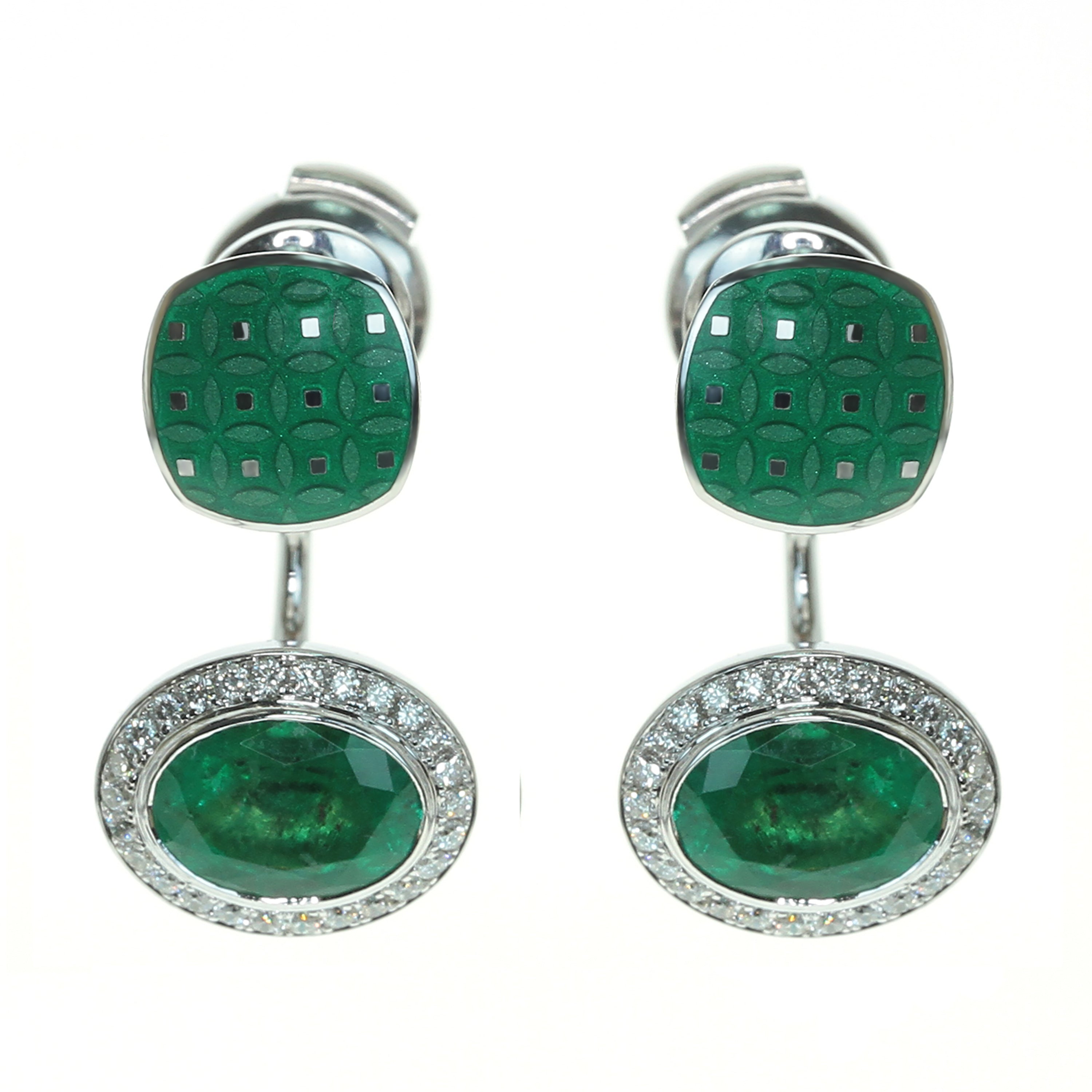 Enamel, Emeralds, Diamonds 18K White Gold Jacket Earrings, E 0177-92