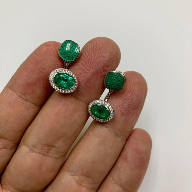 Enamel, Emeralds, Diamonds 18K White Gold Jacket Earrings, E 0177-92