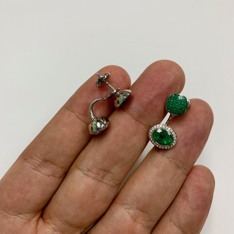 Enamel, Emeralds, Diamonds 18K White Gold Jacket Earrings, E 0177-92
