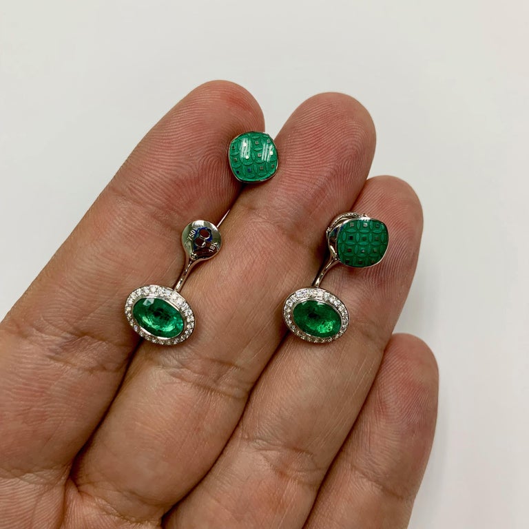 Enamel, Emeralds, Diamonds 18K White Gold Jacket Earrings, E 0177-92