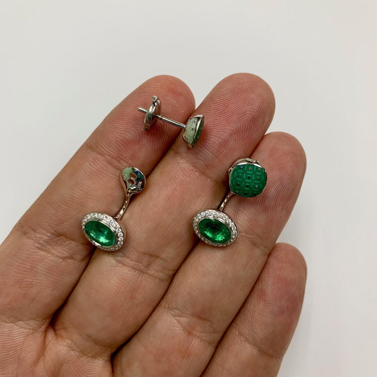 Enamel, Emeralds, Diamonds 18K White Gold Jacket Earrings, E 0177-92