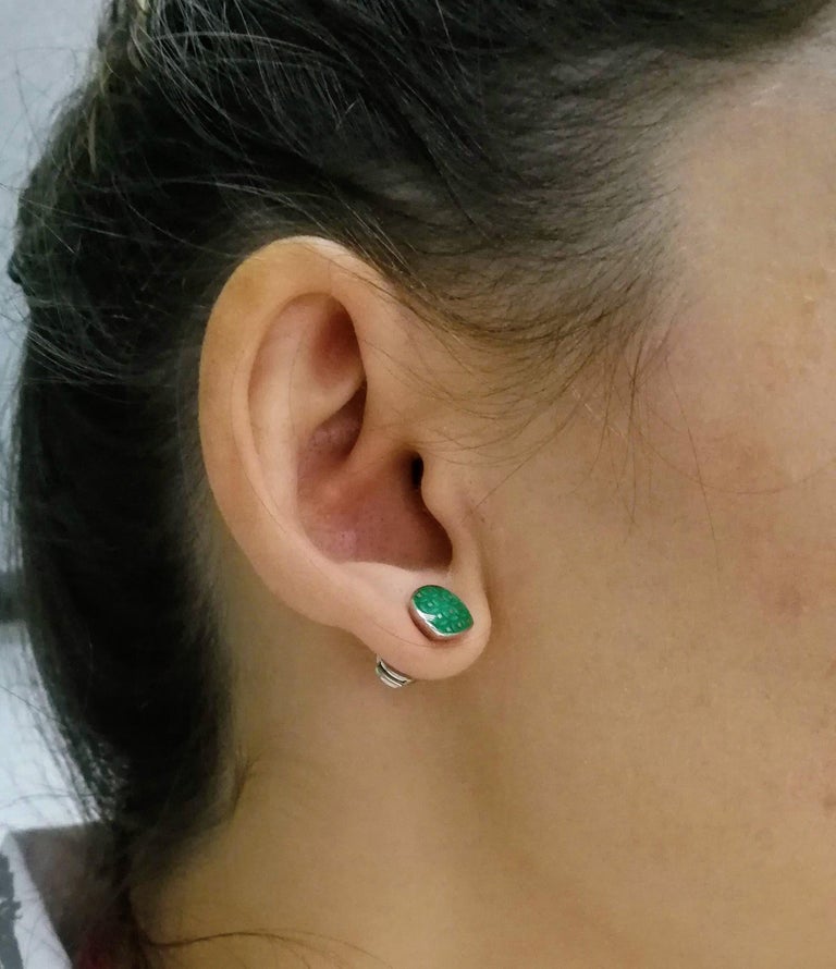 Enamel, Emeralds, Diamonds 18K White Gold Jacket Earrings, E 0177-92