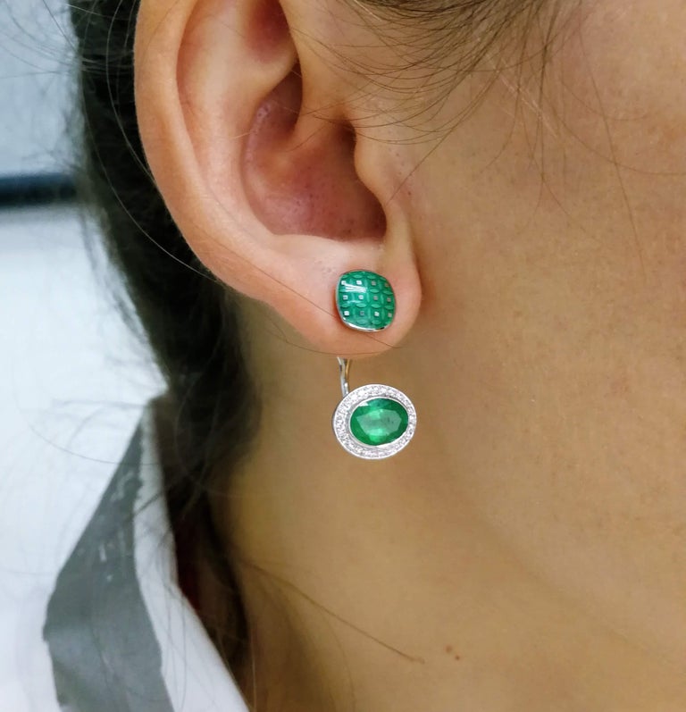 Enamel, Emeralds, Diamonds 18K White Gold Jacket Earrings, E 0177-92