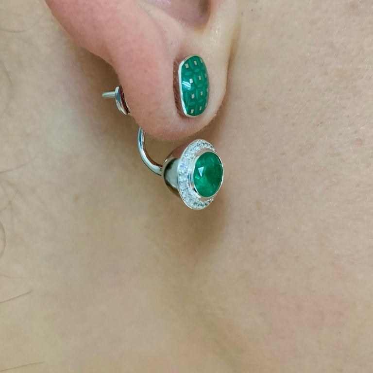 Enamel, Emeralds, Diamonds 18K White Gold Jacket Earrings, E 0177-92