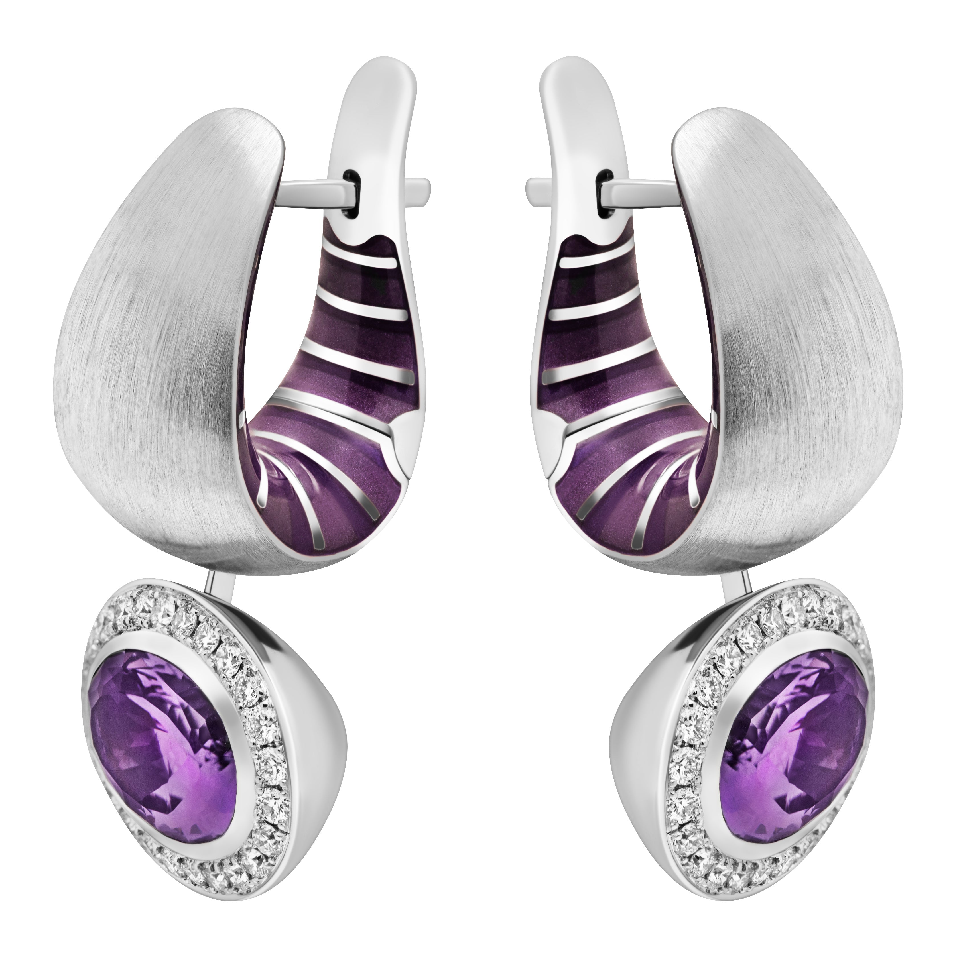 Enamel, Amethyst, Diamonds 18K White Gold Earrings, E 0178-61