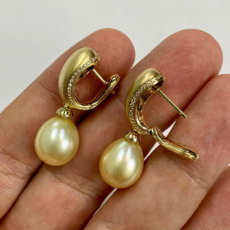 South Sea Pearl, Champagne Diamonds 18K Yellow Gold Earrings, E 0216-0