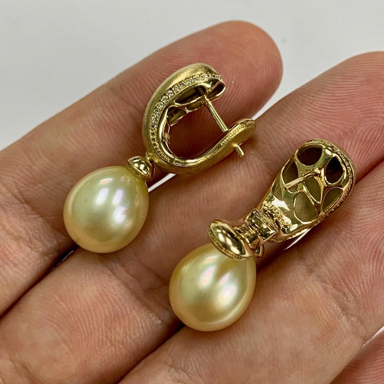 South Sea Pearl, Champagne Diamonds 18K Yellow Gold Earrings, E 0216-0