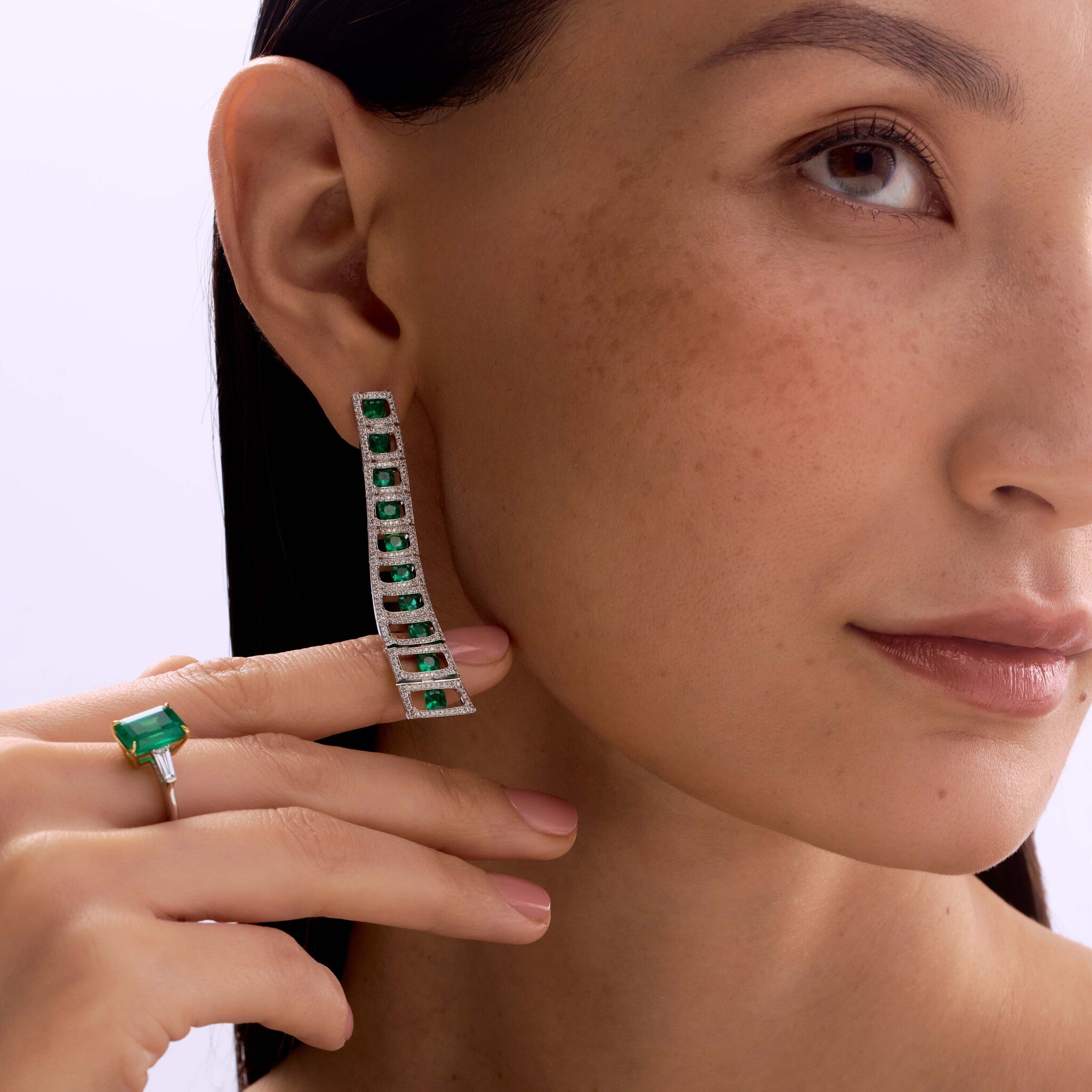 Enamel, Emeralds, Diamonds 18K White Gold Earrings, E 0226-0