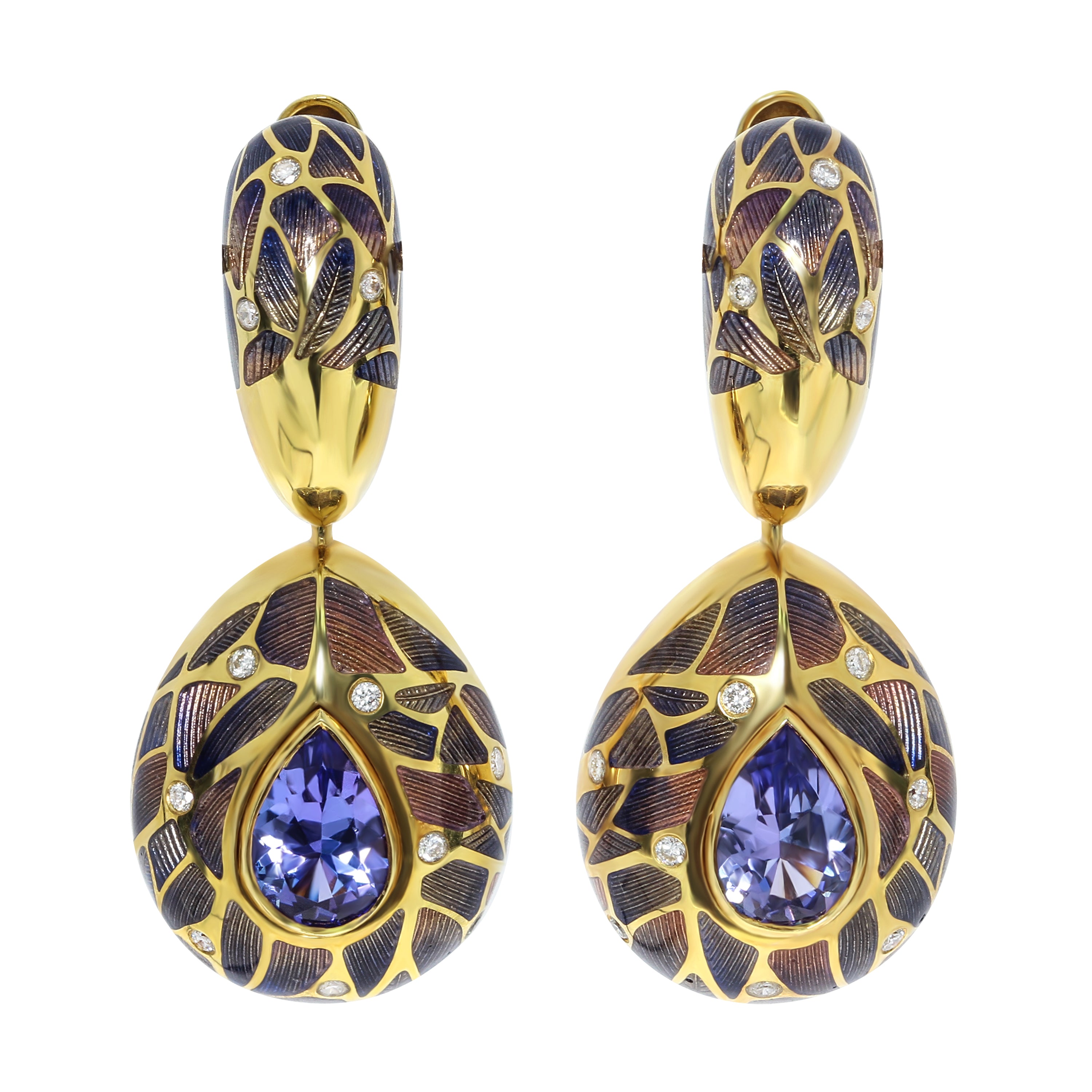 E 0261-1 18K Yellow Gold, Enamel, Tanzanite, Diamonds Earrings