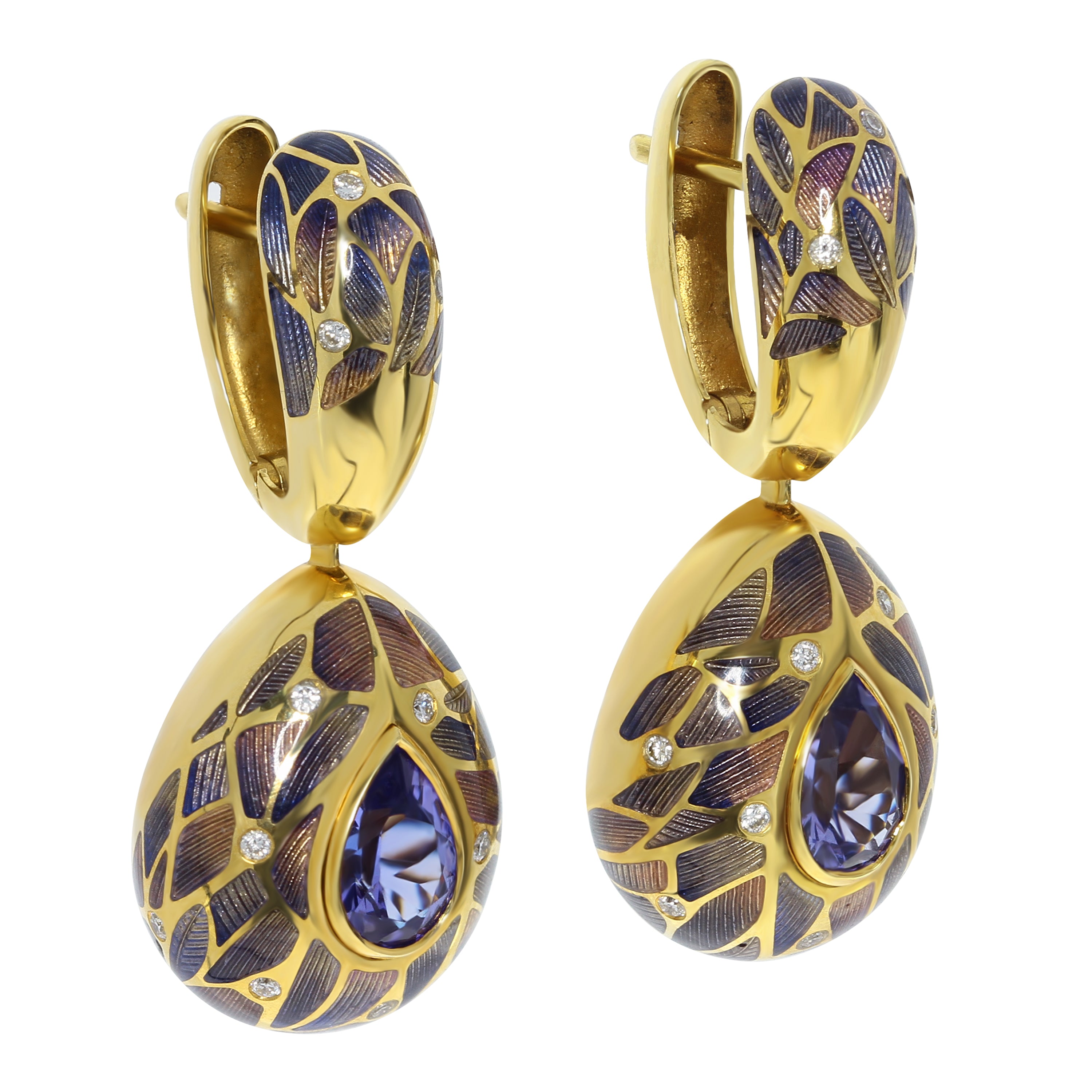 E 0261-1 18K Yellow Gold, Enamel, Tanzanite, Diamonds Earrings