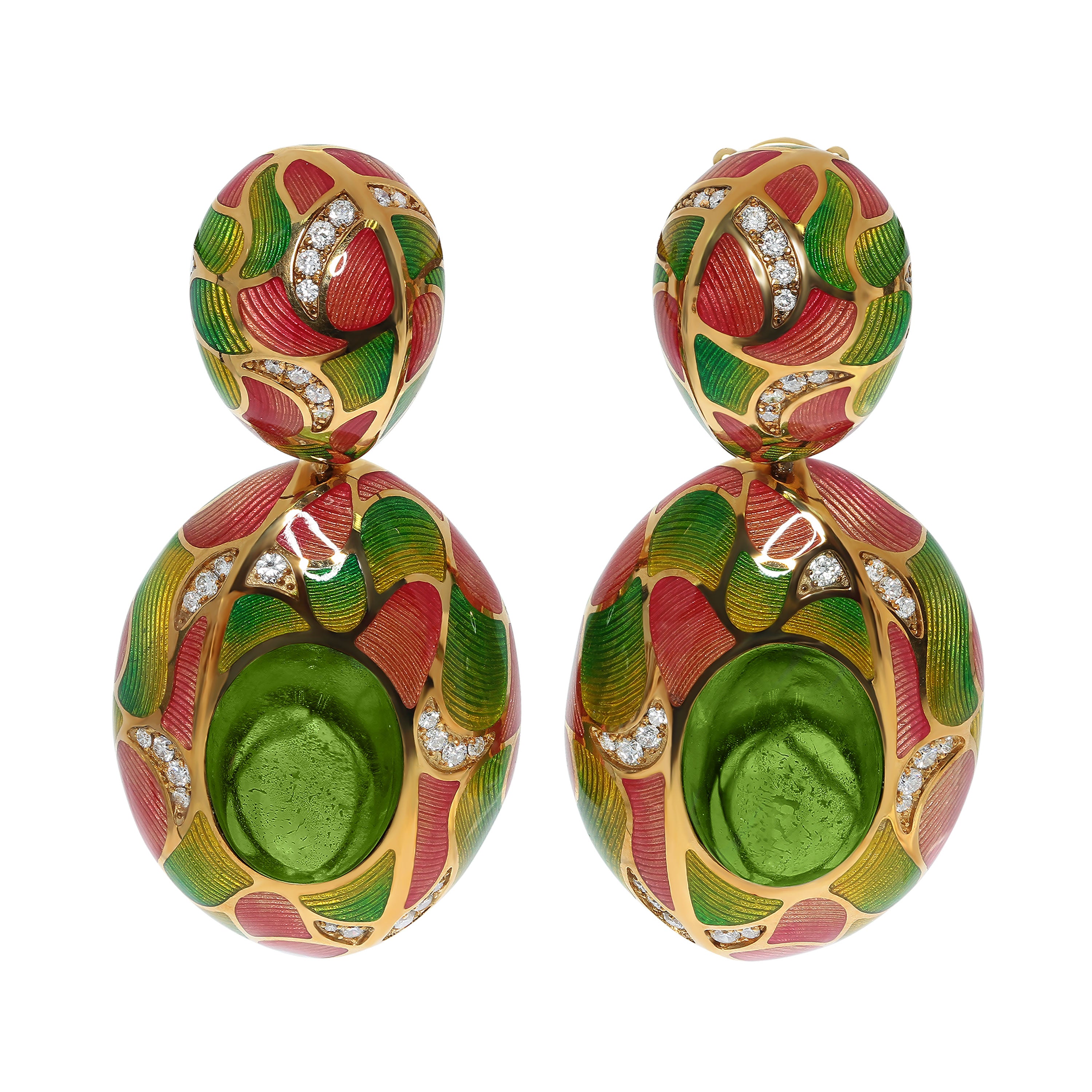 E 0261-2 18K Yellow Gold, Enamel, Peridot, Diamonds Earrings