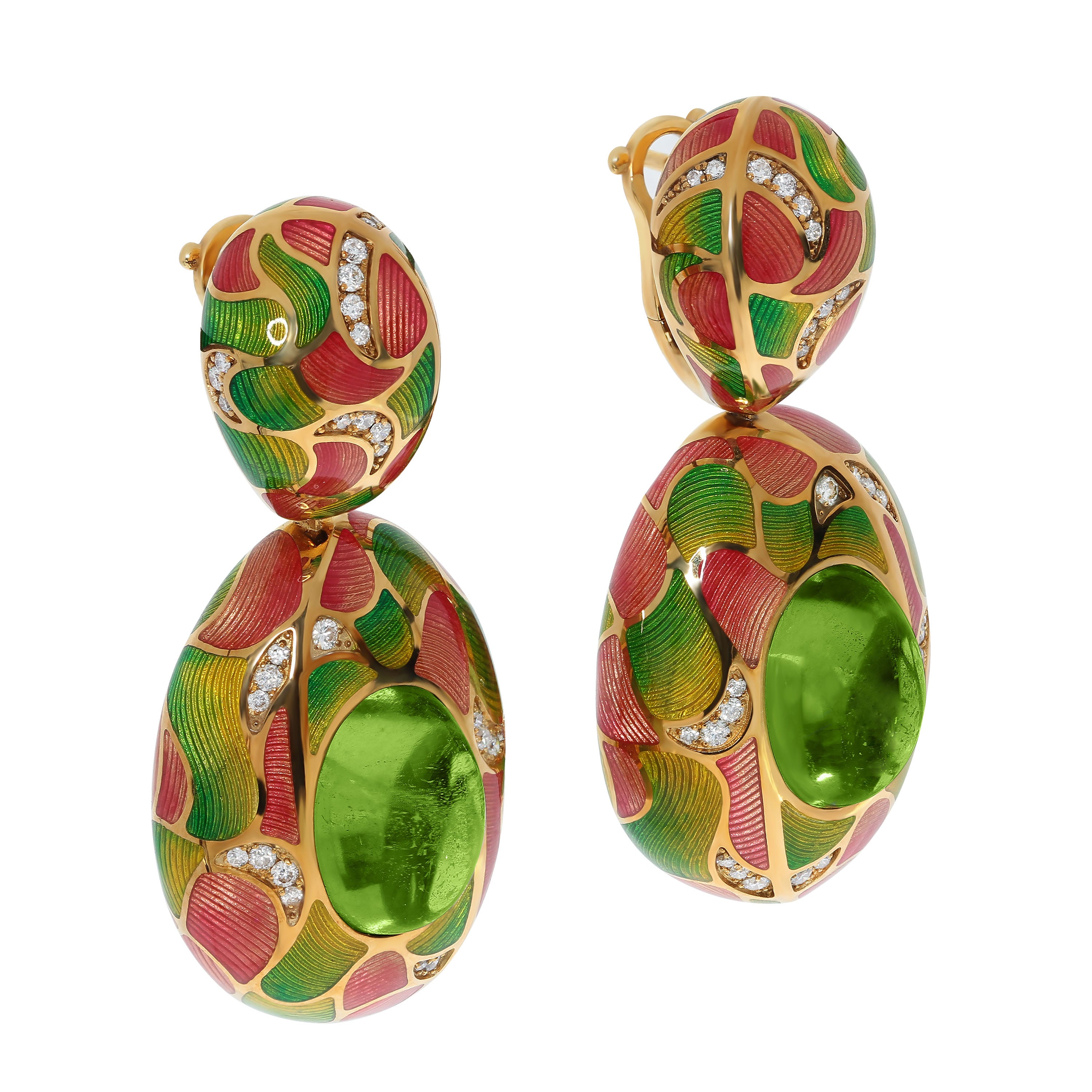 E 0261-2 18K Yellow Gold, Enamel, Peridot, Diamonds Earrings