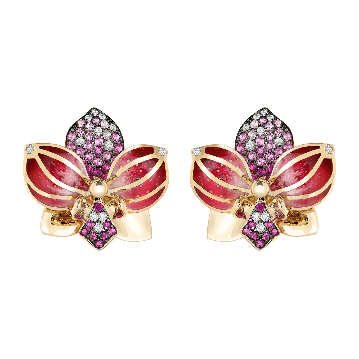 Enamel, Pink Sapphires, Diamonds 18K Yellow Gold, Earrings, E 0275-21