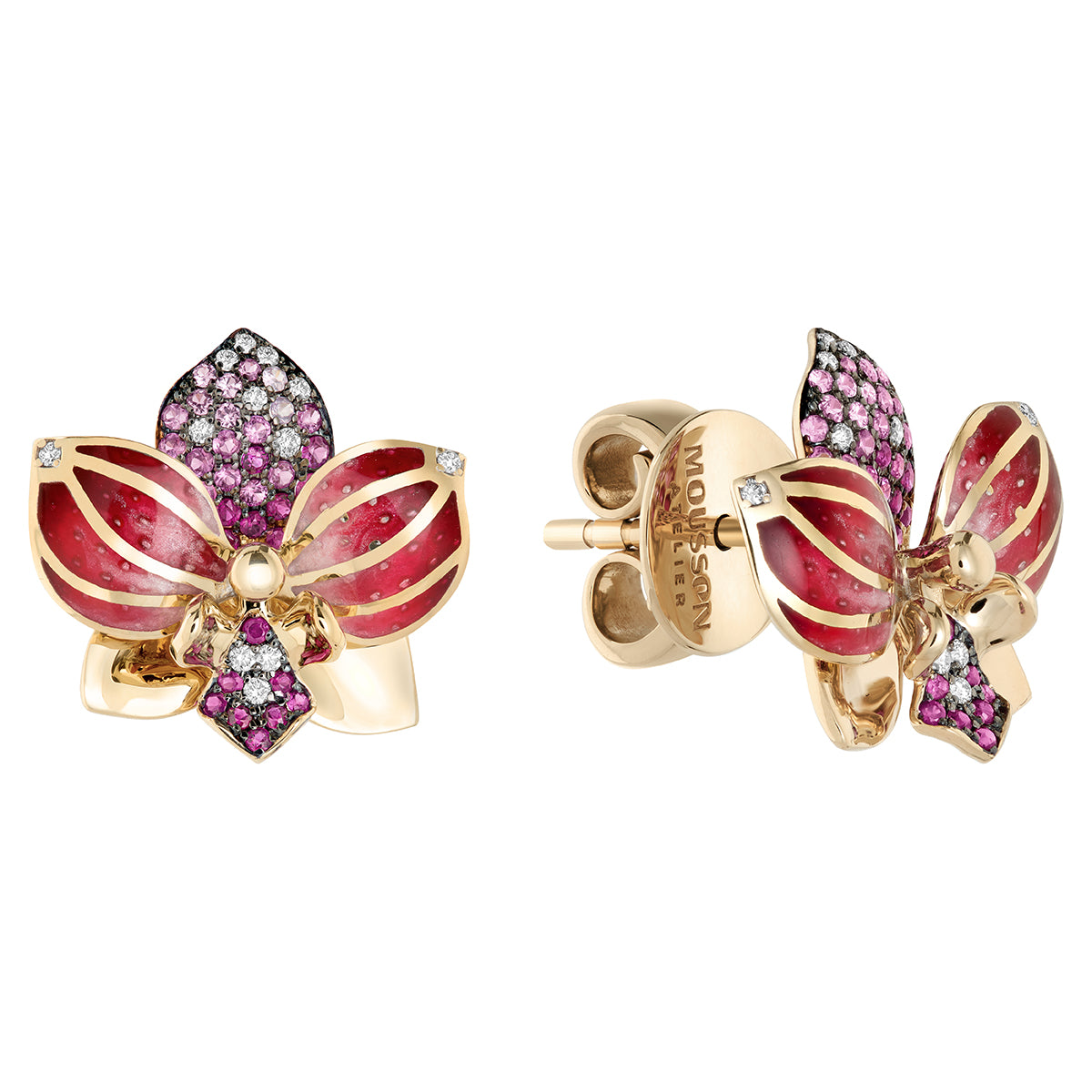 Enamel, Pink Sapphires, Diamonds 18K Yellow Gold, Earrings, E 0275-21