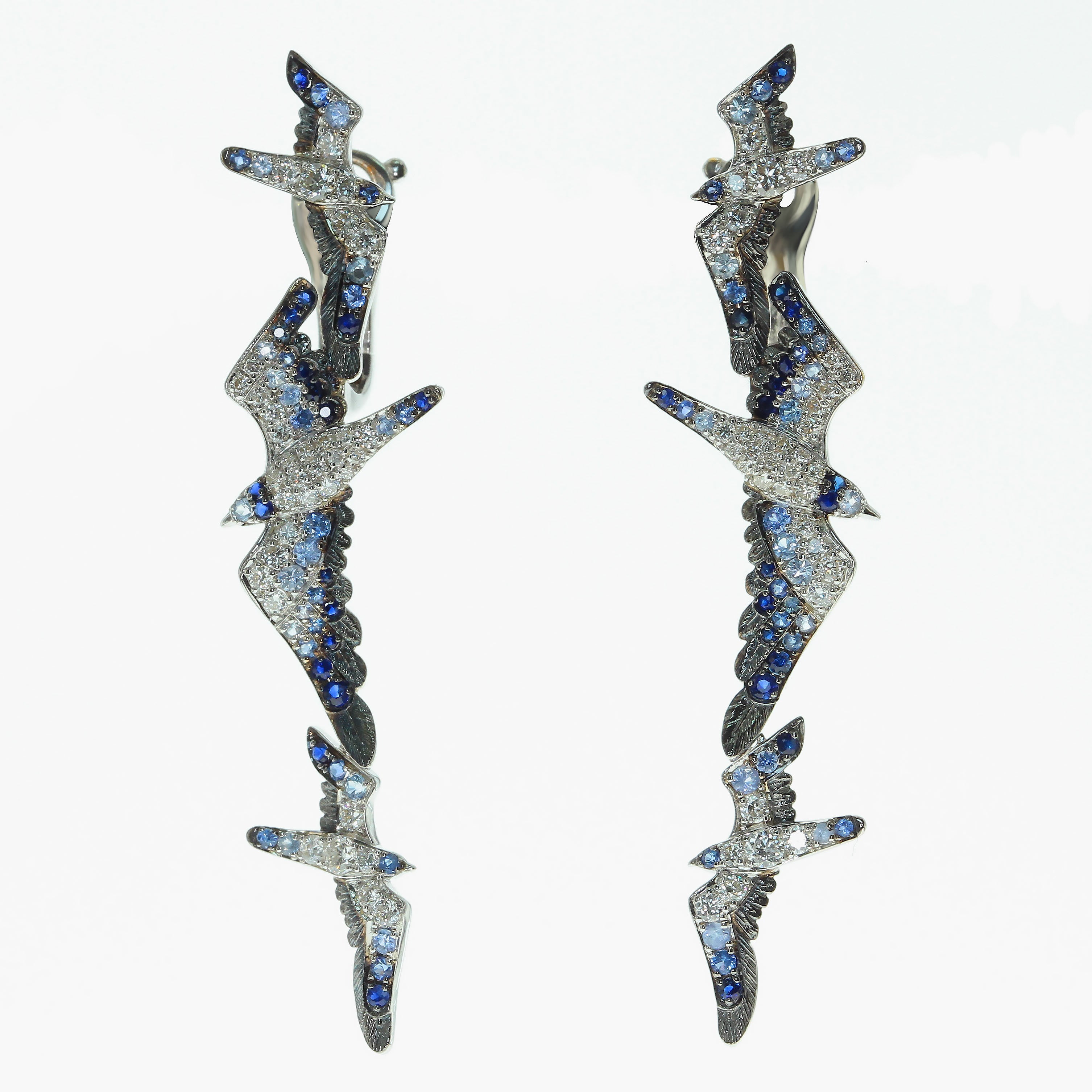Diamonds, Blue Sapphire 18K White Gold Earrings, E 0294-1