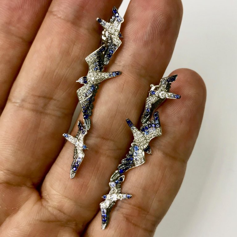Diamonds, Blue Sapphire 18K White Gold Earrings, E 0294-1