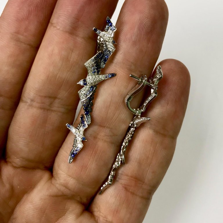 Diamonds, Blue Sapphire 18K White Gold Earrings, E 0294-1