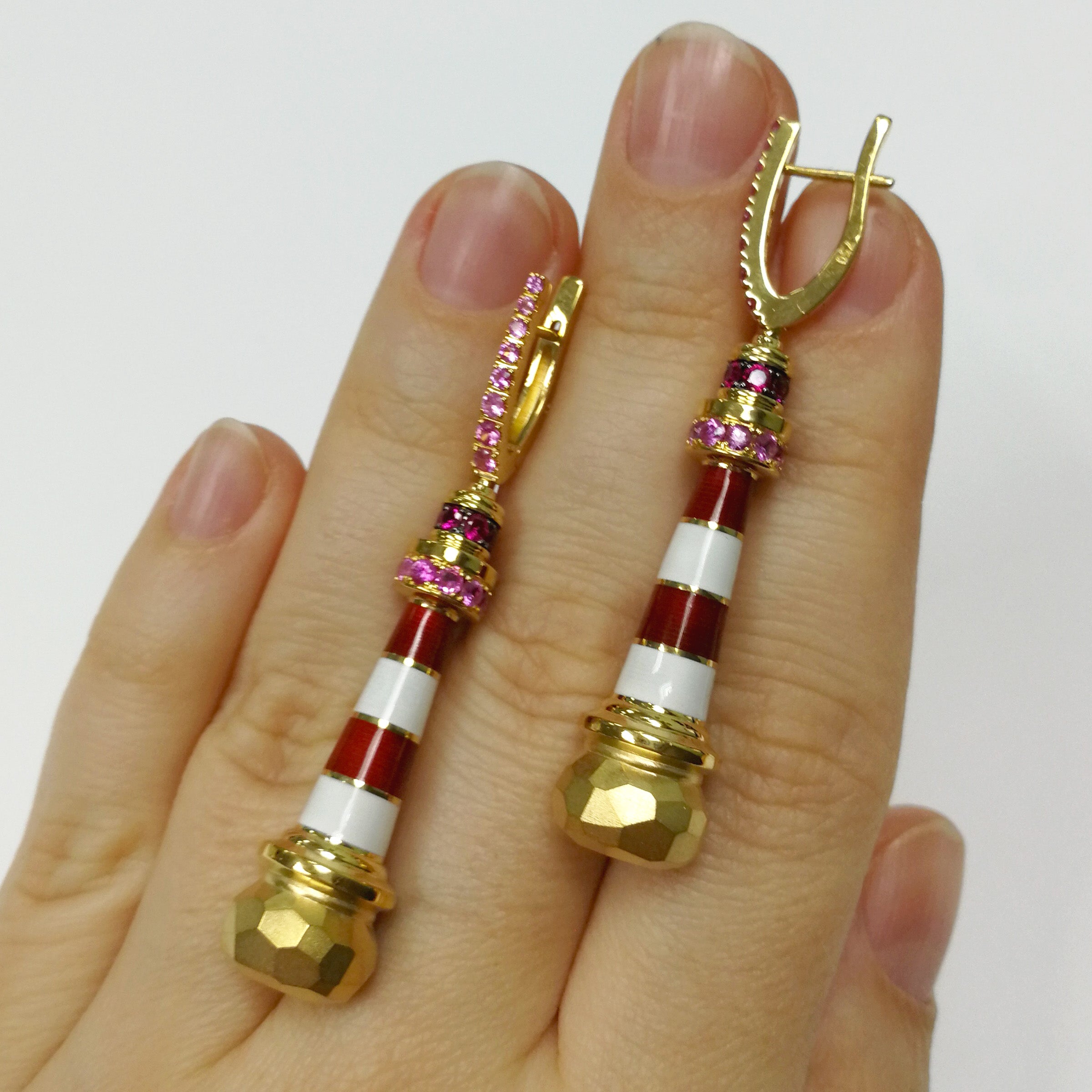 Pink Sapphires, Enamel 18K Yellow Gold Earrings, E 0295-0