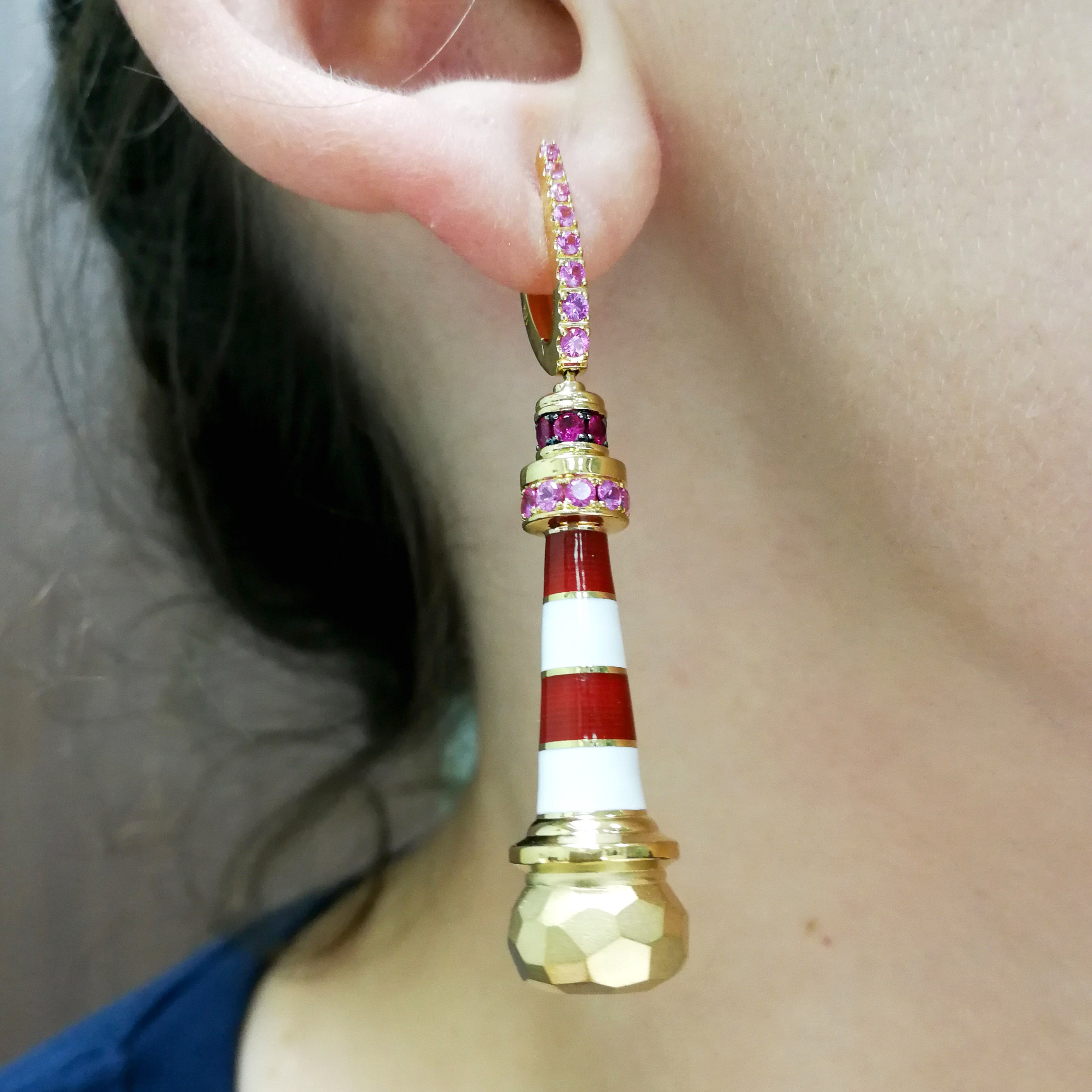 Pink Sapphires, Enamel 18K Yellow Gold Earrings, E 0295-0