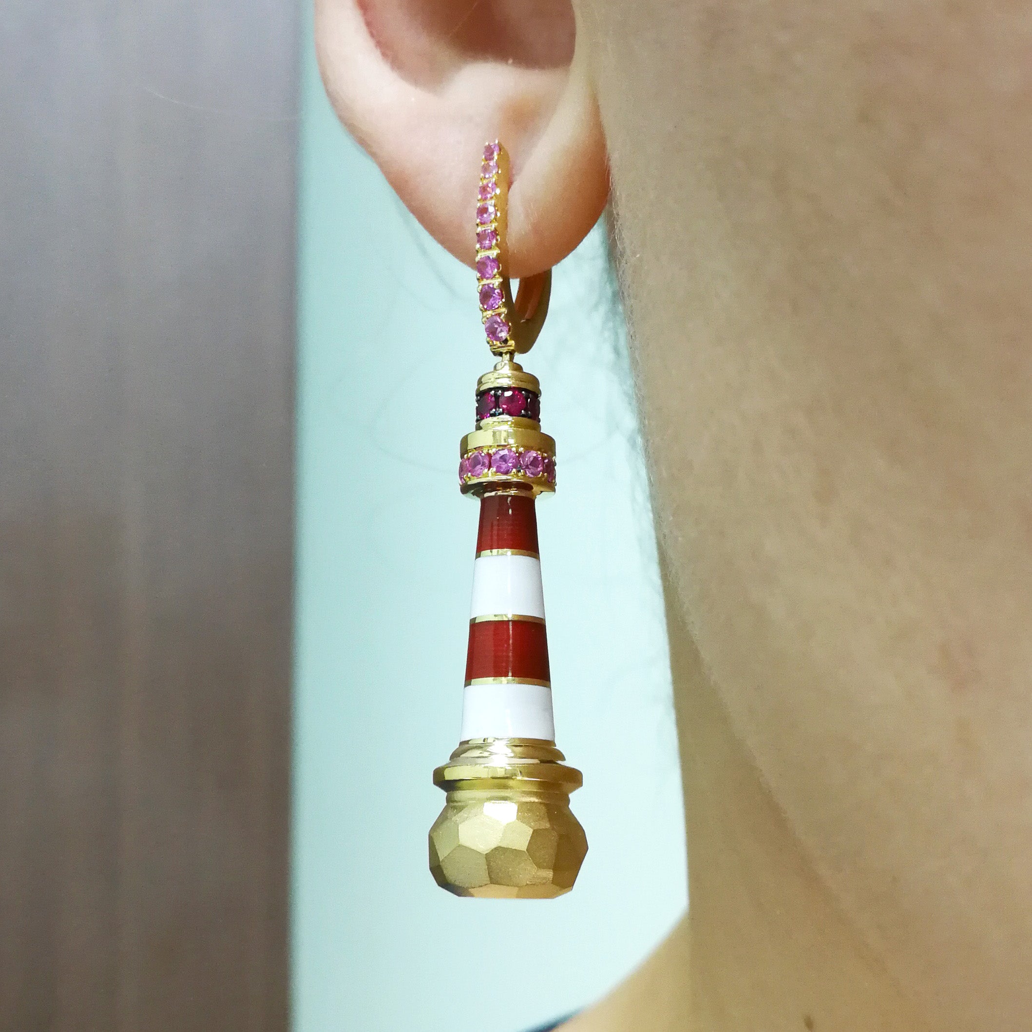 Pink Sapphires, Enamel 18K Yellow Gold Earrings, E 0295-0